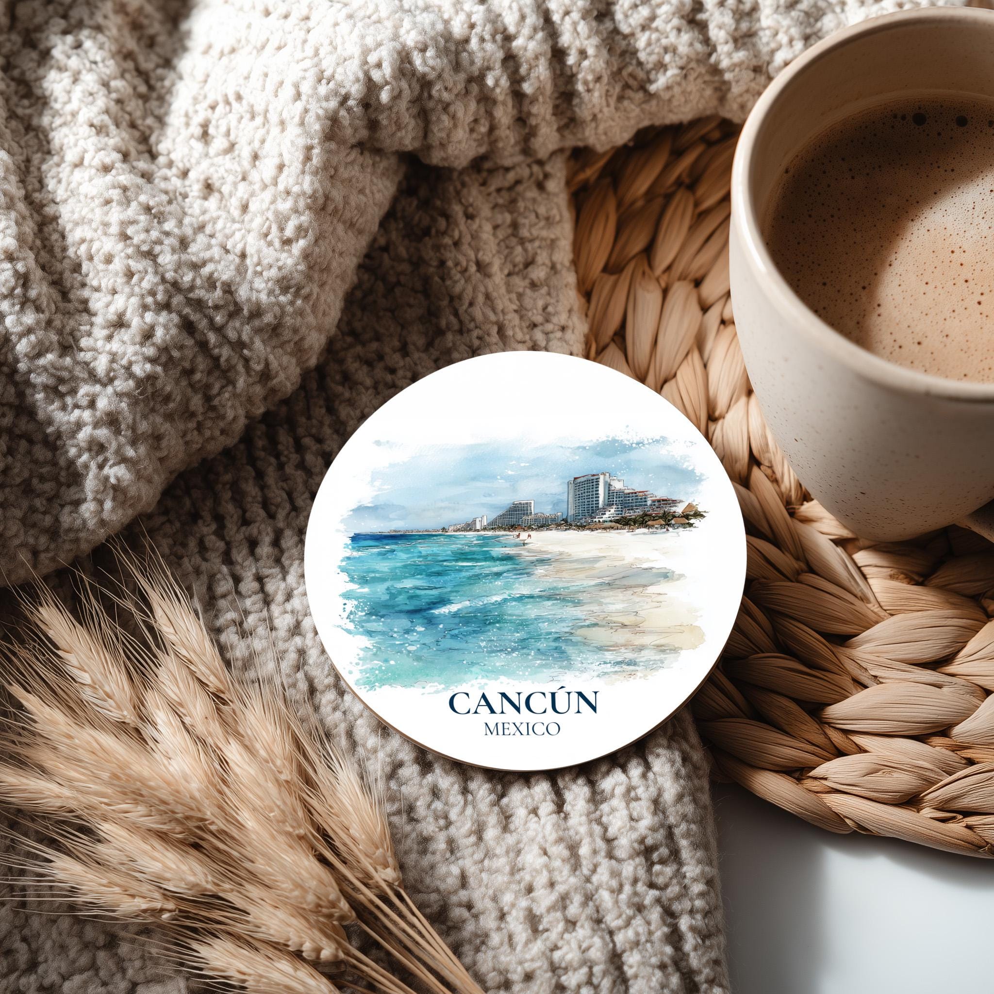 Cancun Mexico Coaster, Watercolor Personalized Painting, Travel Gift Souvenir, Home Decor, Ceramic Set