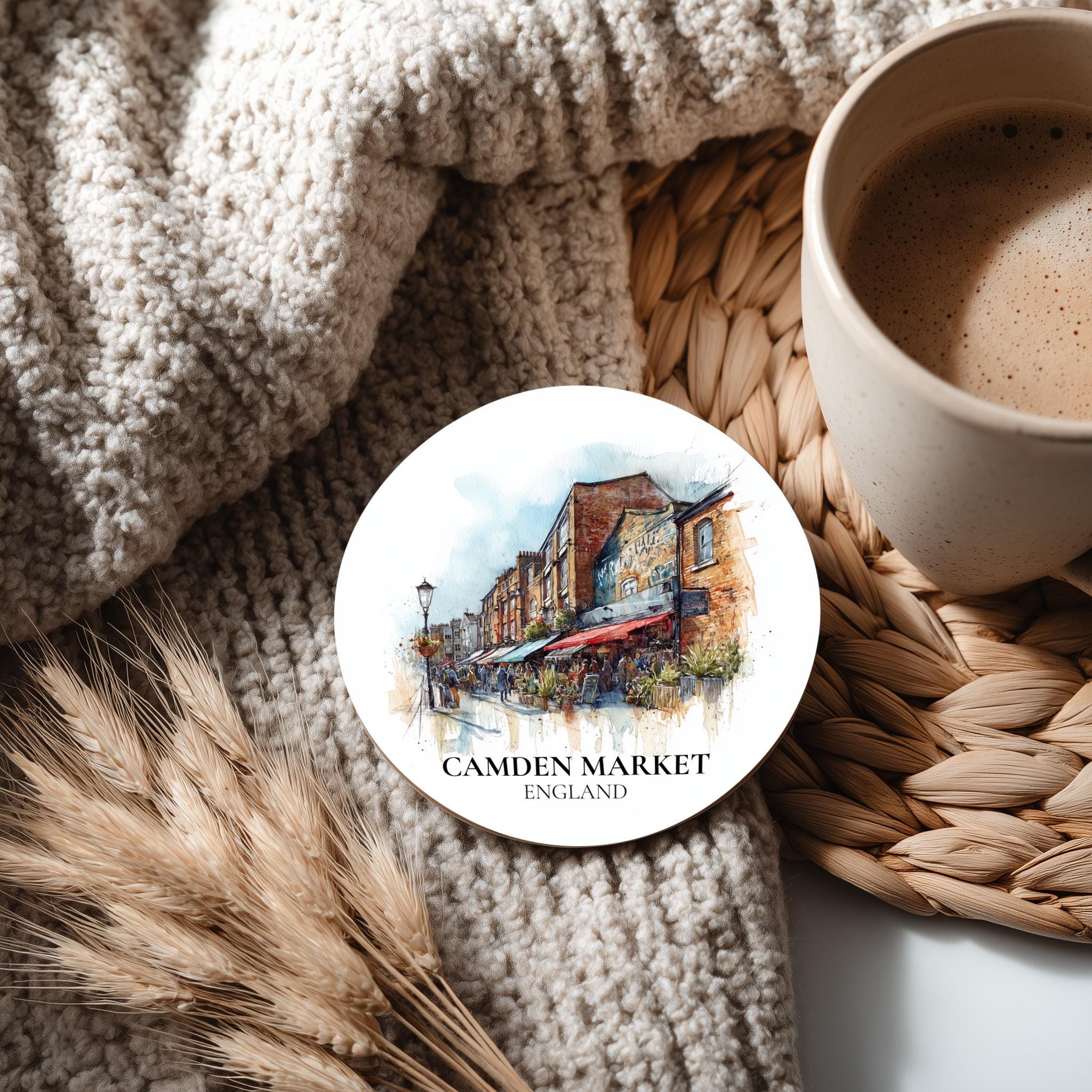 Camden Market England Coaster, Watercolor Personalized Painting, Travel Gift Souvenir, Home Decor, Ceramic Set