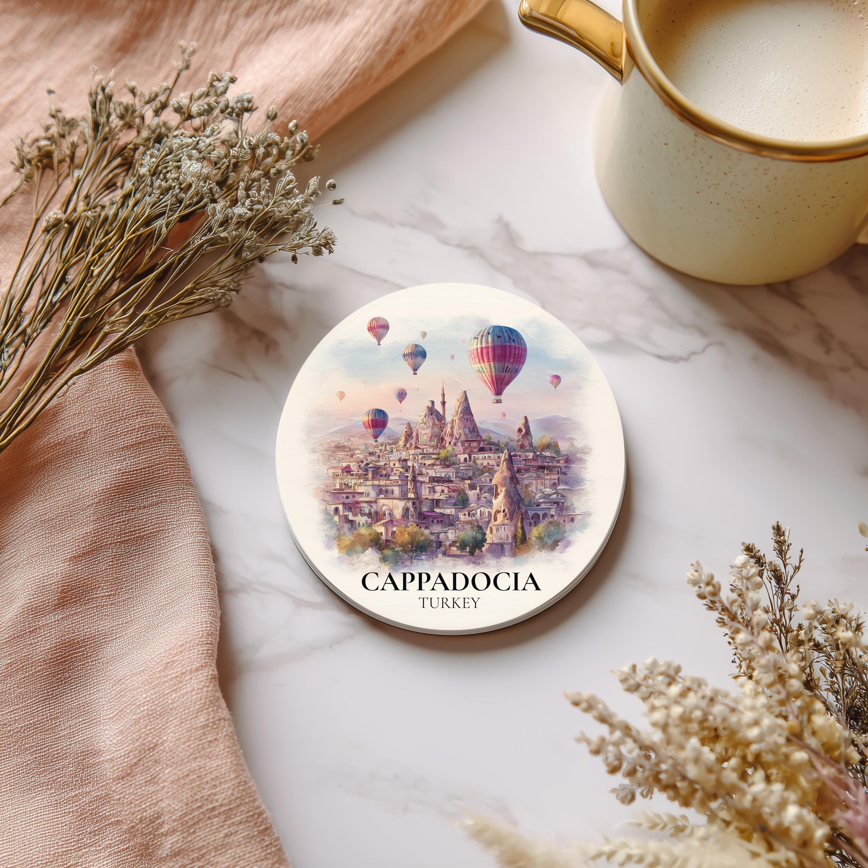 Cappadocia Turkey Coaster, Watercolor Personalized Painting, Travel Gift Souvenir, Home Decor, Ceramic Set