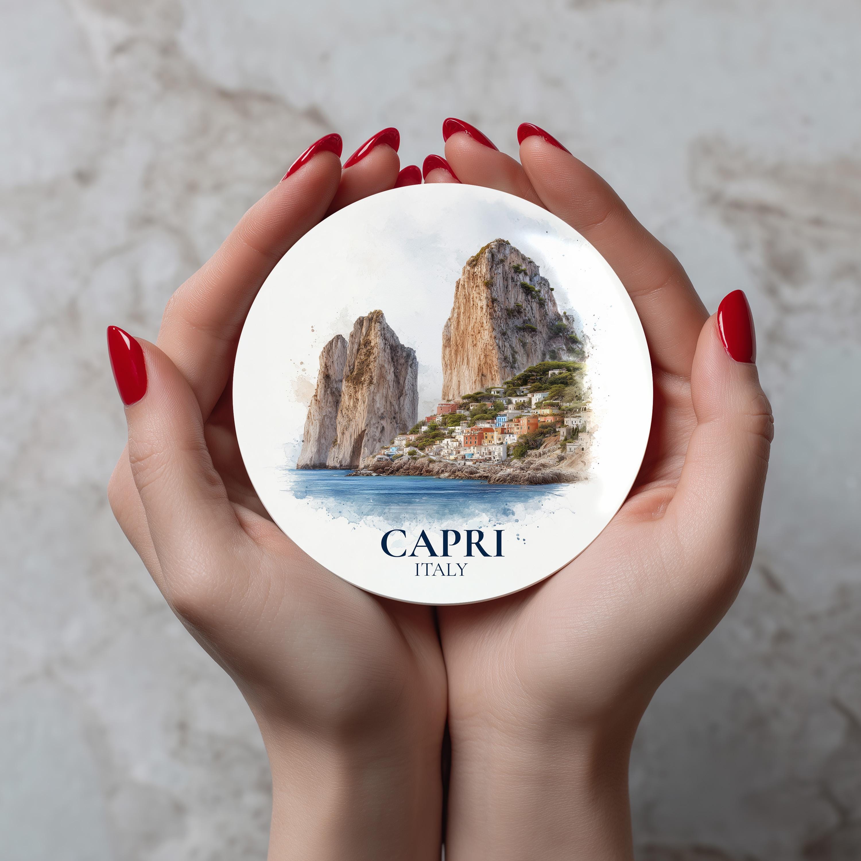 Capri Italy Coaster, Watercolor Personalized Painting, Travel Gift Souvenir, Home Decor, Ceramic Set
