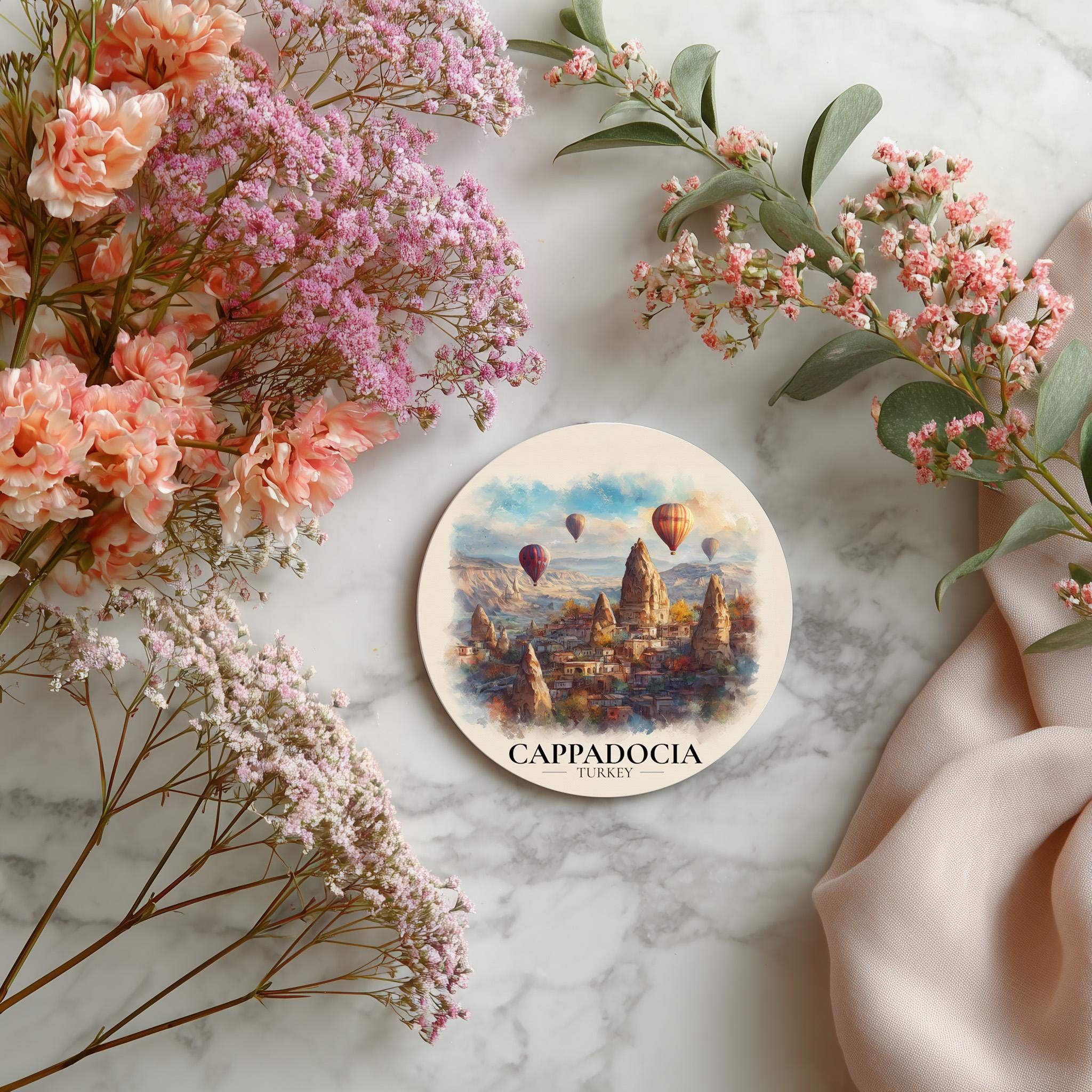 Cappadocia Turkey2 Coaster, Watercolor Personalized Painting, Travel Gift Souvenir, Home Decor, Ceramic Set
