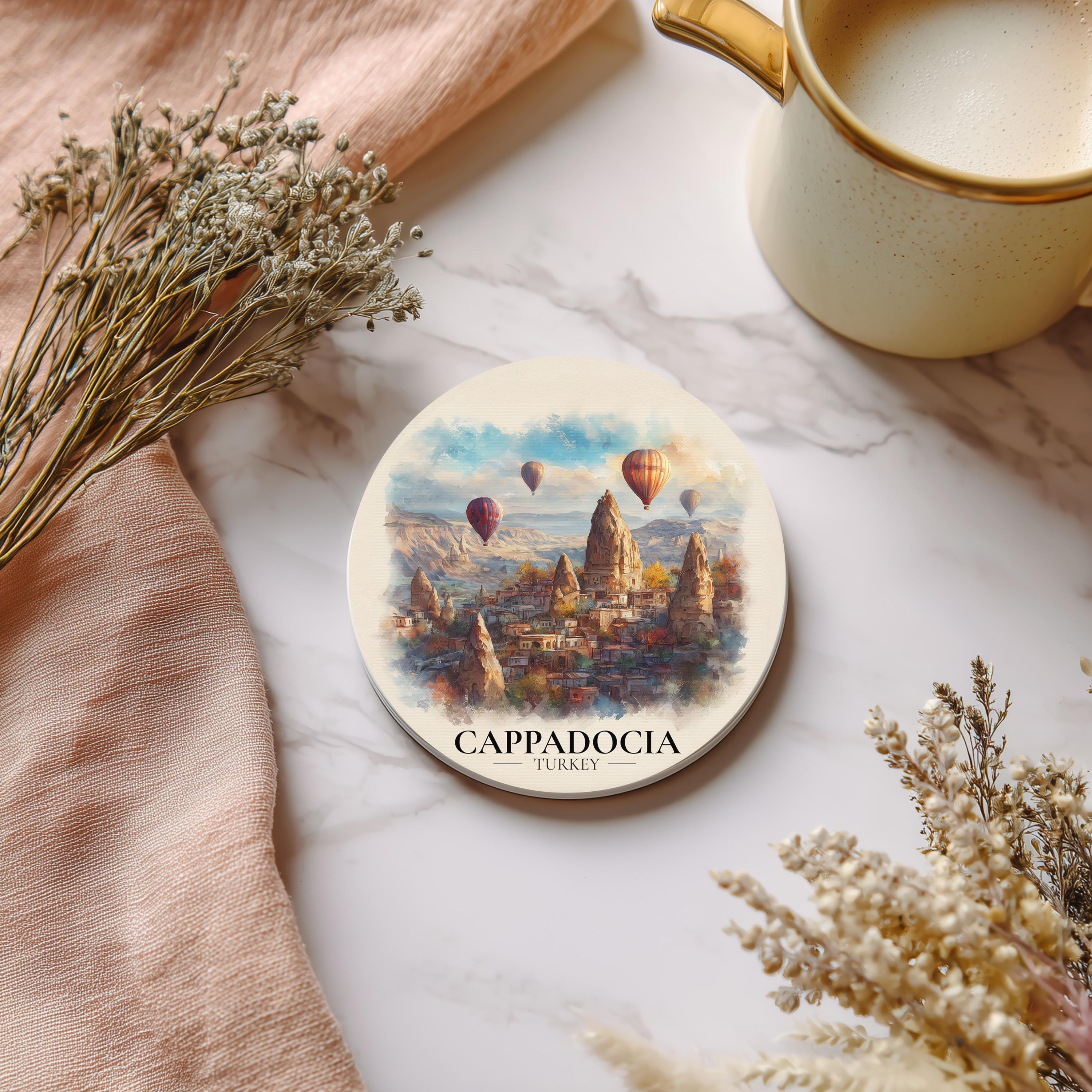Cappadocia Turkey2 Coaster, Watercolor Personalized Painting, Travel Gift Souvenir, Home Decor, Ceramic Set