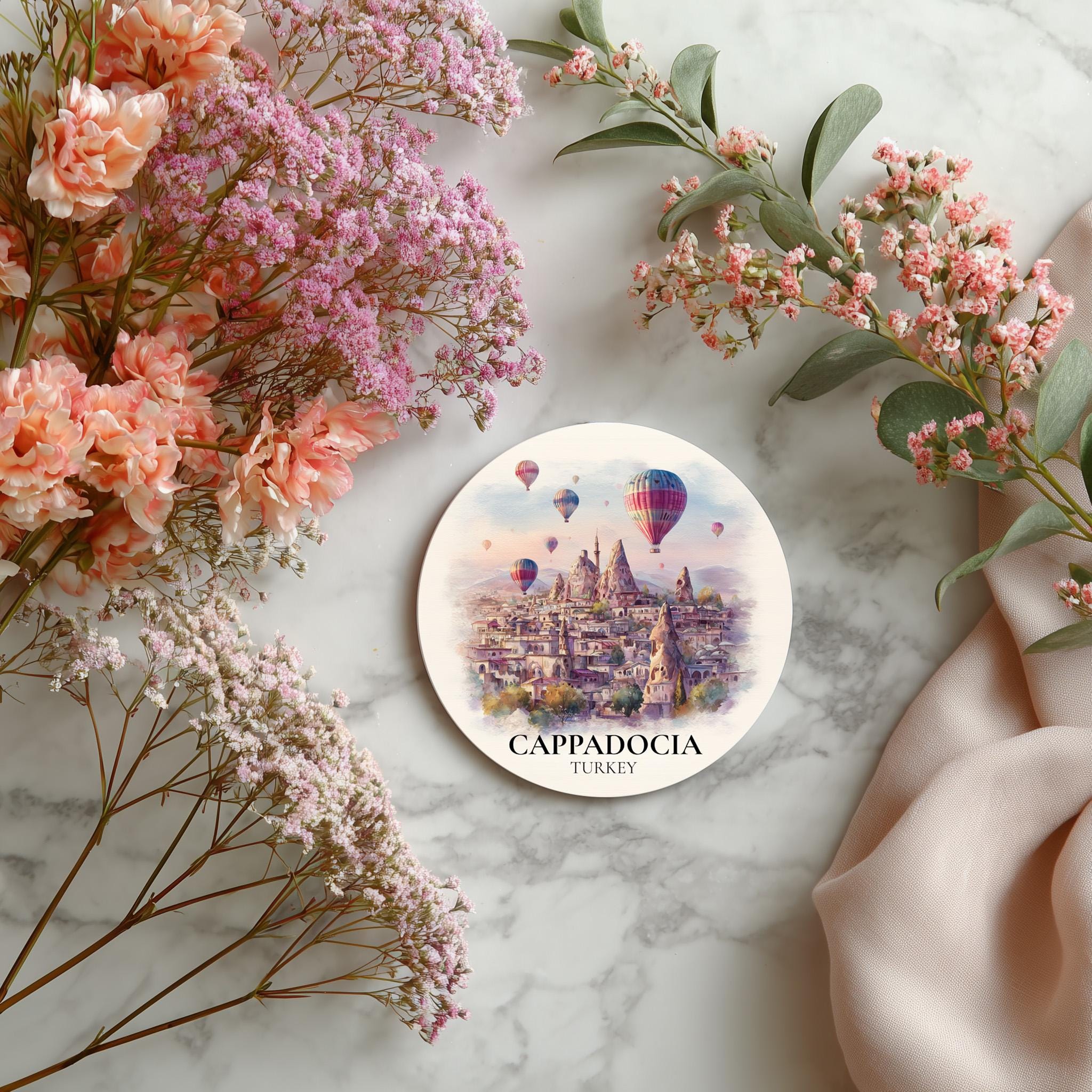 Cappadocia Turkey Coaster, Watercolor Personalized Painting, Travel Gift Souvenir, Home Decor, Ceramic Set