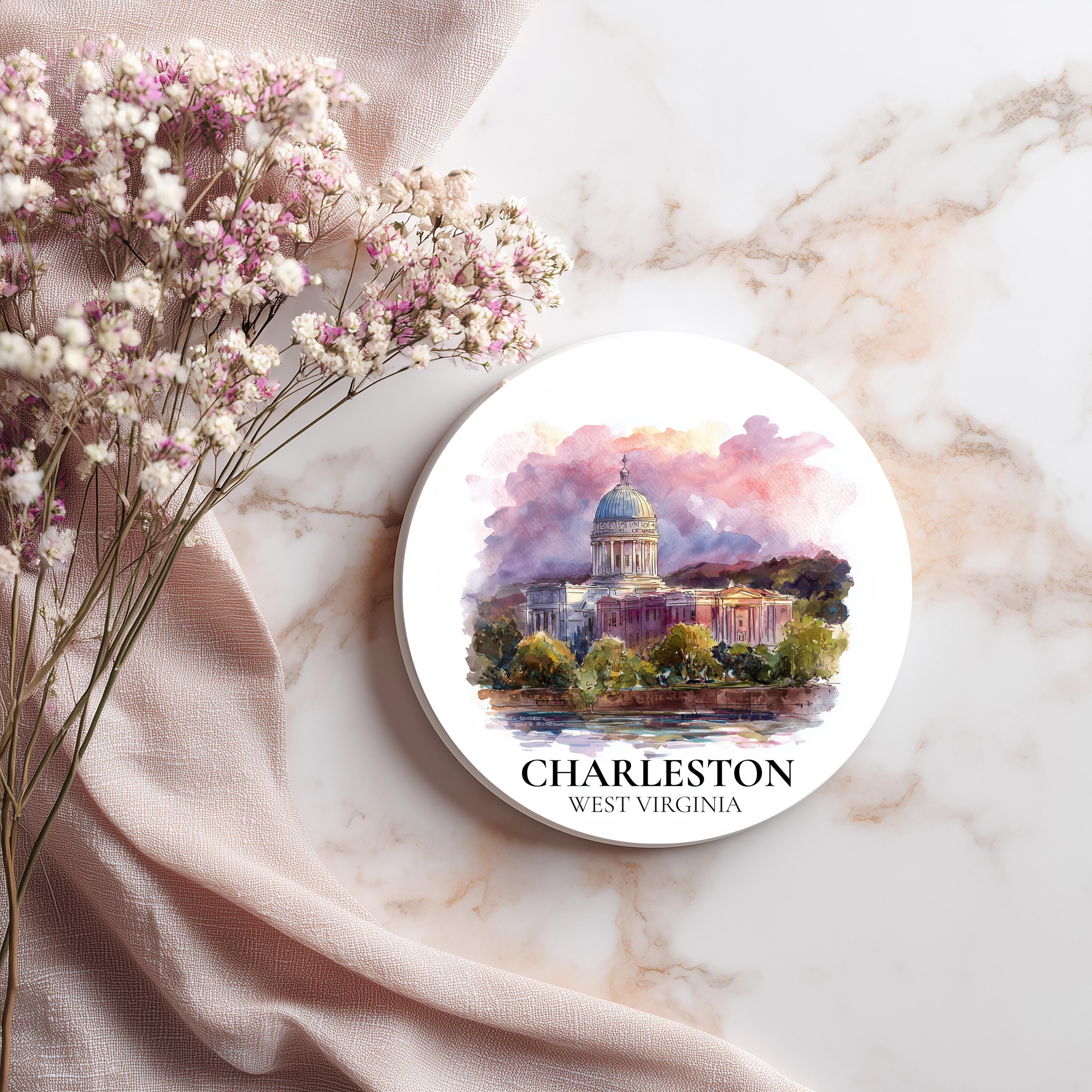 Charleston West Virginia Coaster, Watercolor Personalized Painting, Travel Gift Souvenir, Home Decor, Ceramic Set