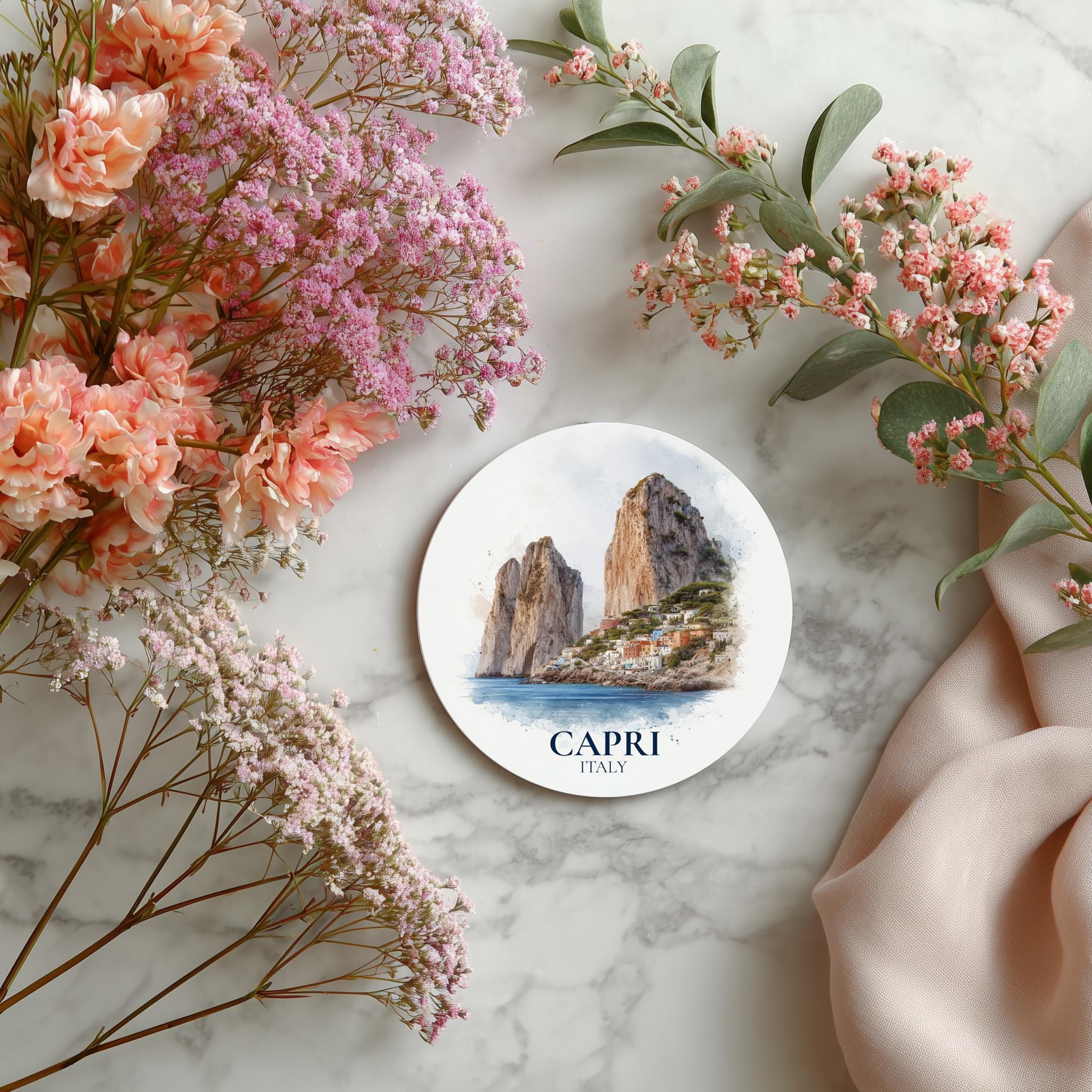 Capri Italy Coaster, Watercolor Personalized Painting, Travel Gift Souvenir, Home Decor, Ceramic Set