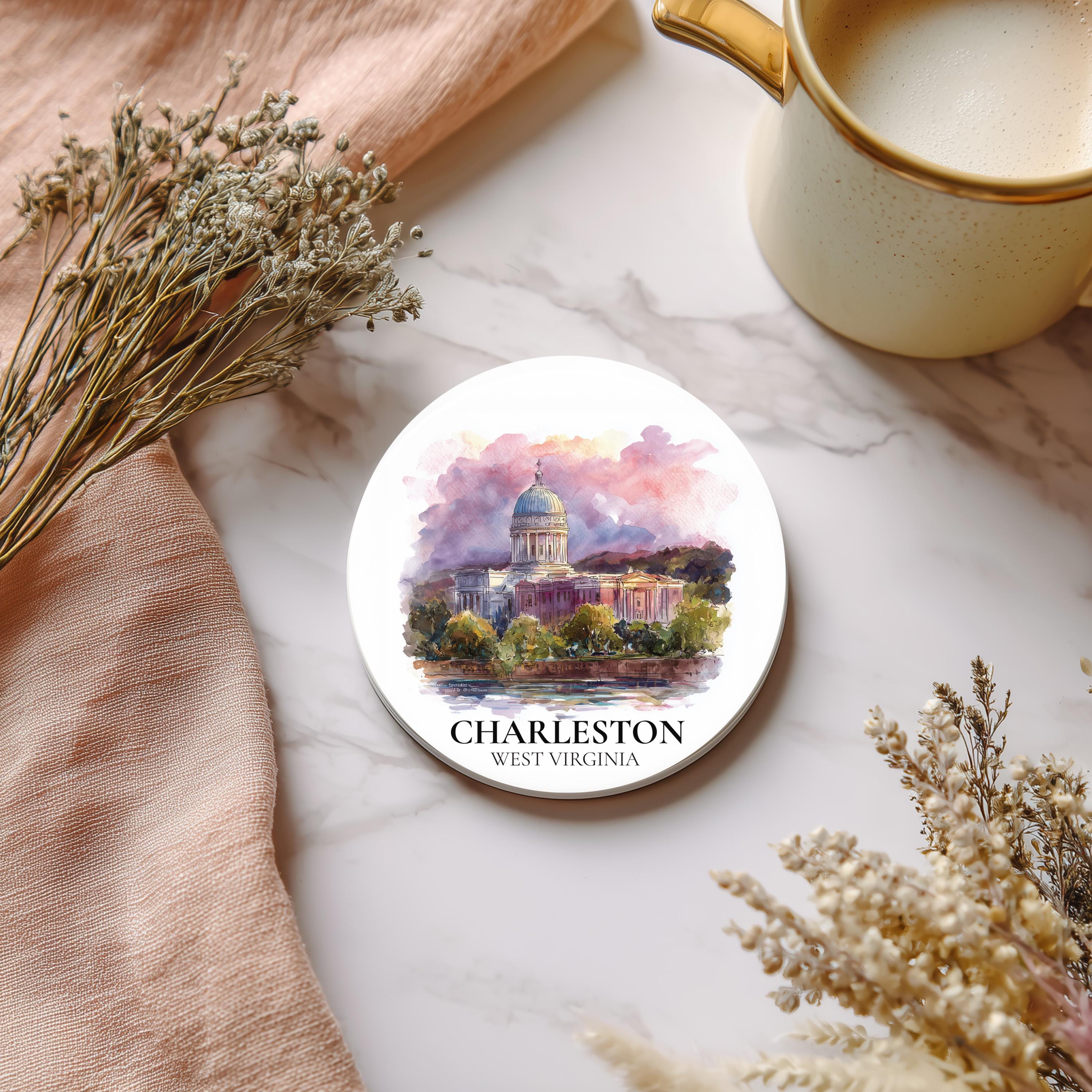 Charleston West Virginia Coaster, Watercolor Personalized Painting, Travel Gift Souvenir, Home Decor, Ceramic Set