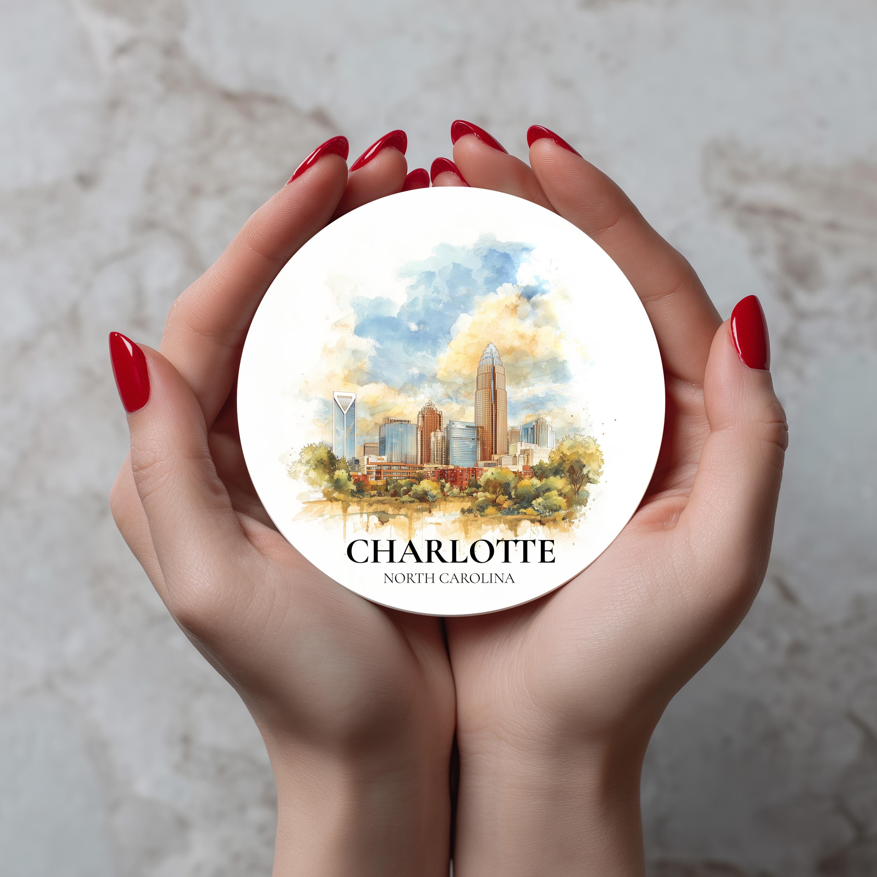 Charlotte North Carolina2 Coaster, Watercolor Personalized Painting, Travel Gift Souvenir, Home Decor, Ceramic Set