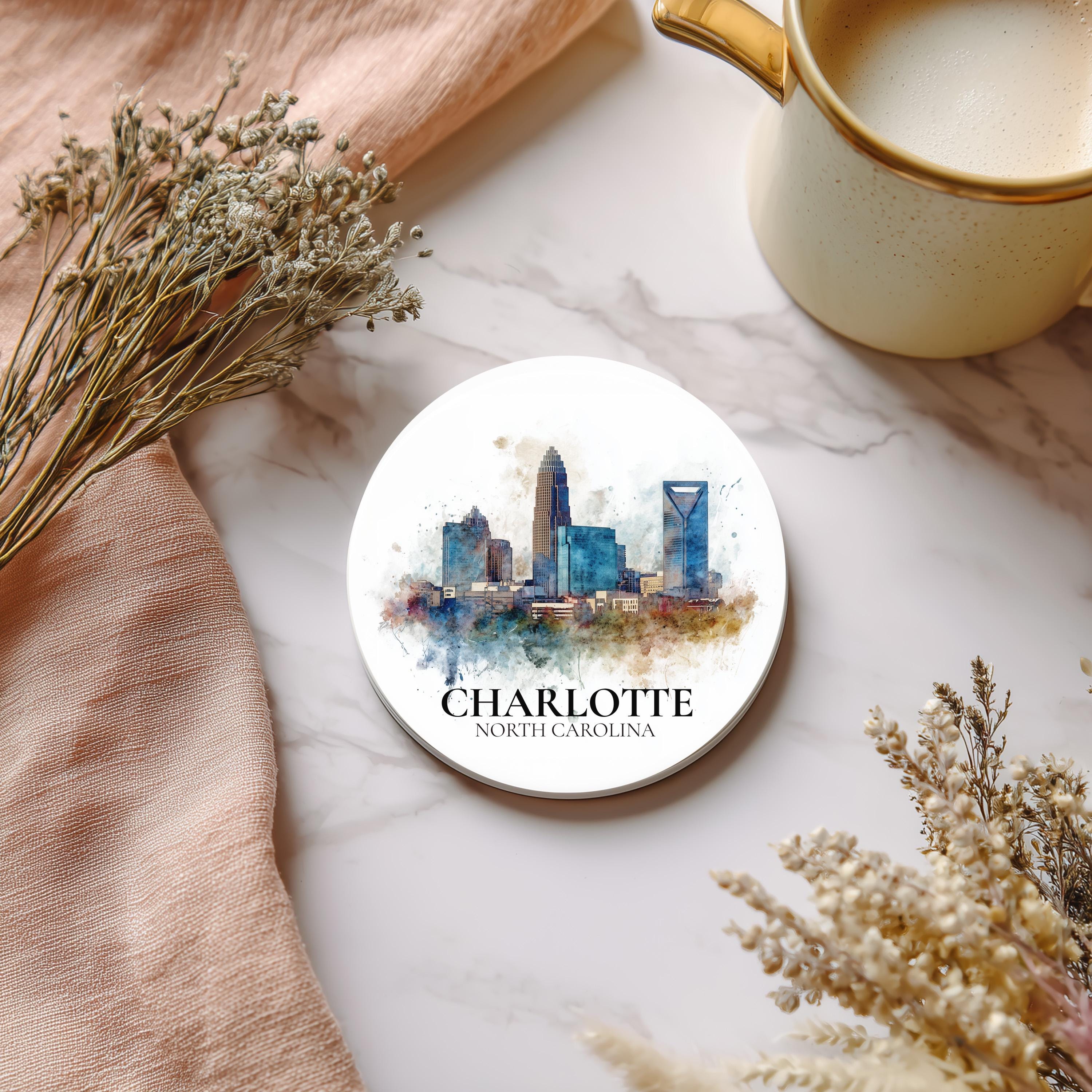 Charlotte North Carolina Coaster, Watercolor Personalized Painting, Travel Gift Souvenir, Home Decor, Ceramic Set