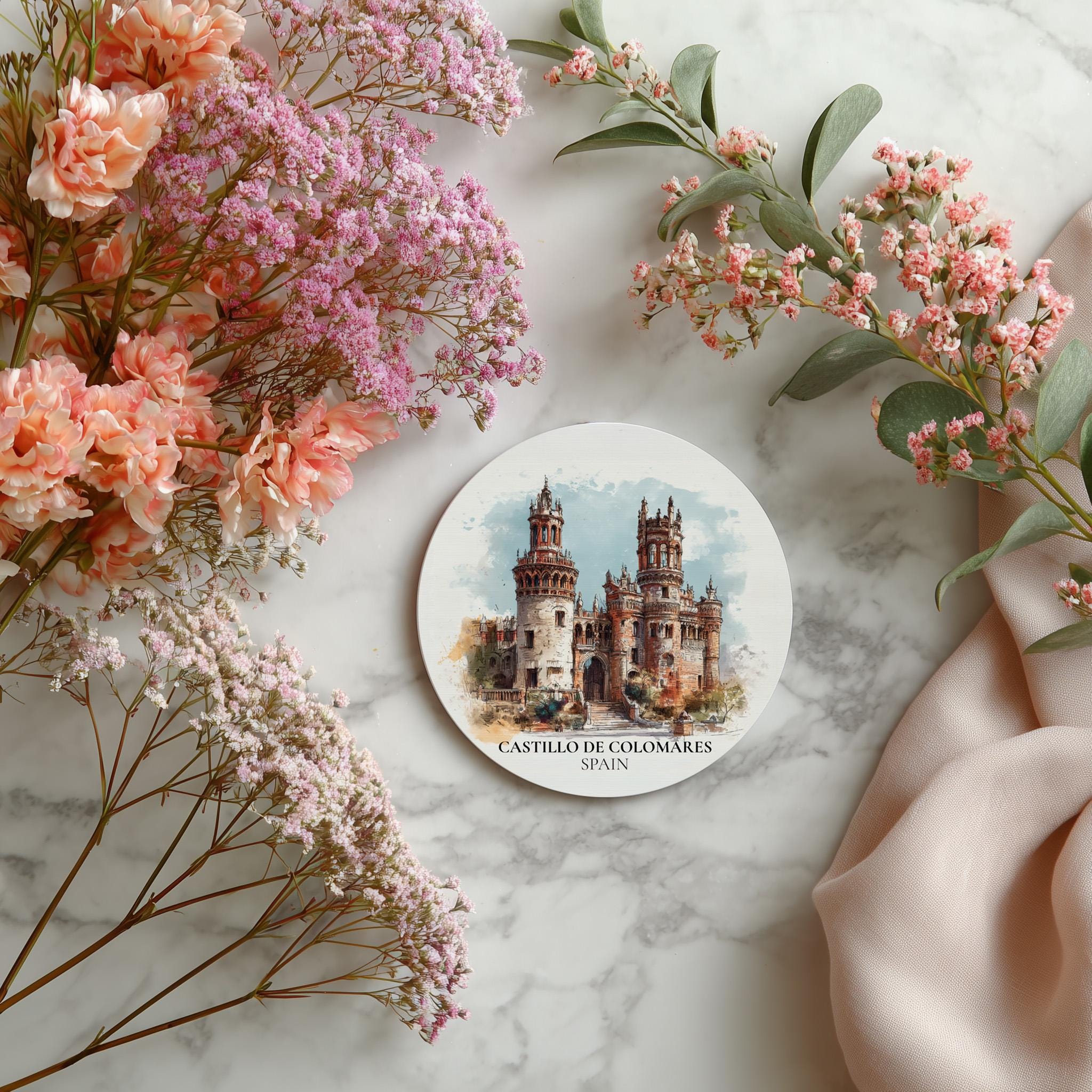 Castillo de Colomares Spain Coaster, Watercolor Personalized Painting, Travel Gift Souvenir, Home Decor, Ceramic Set