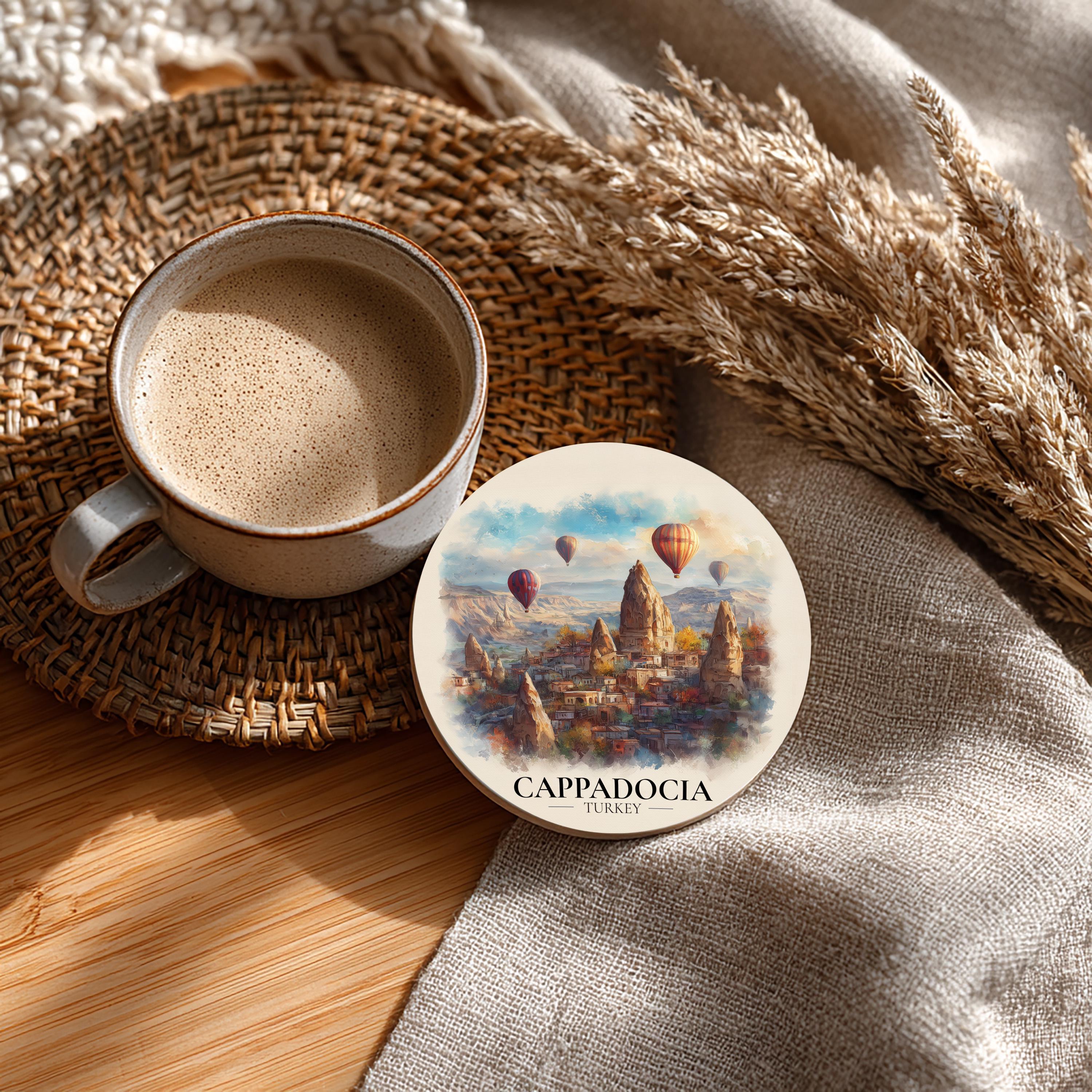 Cappadocia Turkey2 Coaster, Watercolor Personalized Painting, Travel Gift Souvenir, Home Decor, Ceramic Set