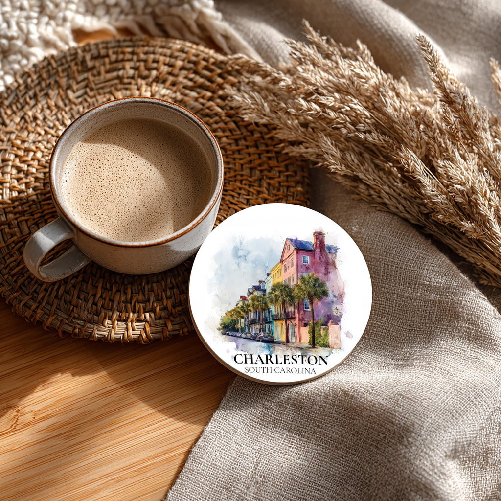 Charleston South Carolina Coaster, Watercolor Personalized Painting, Travel Gift Souvenir, Home Decor, Ceramic Set