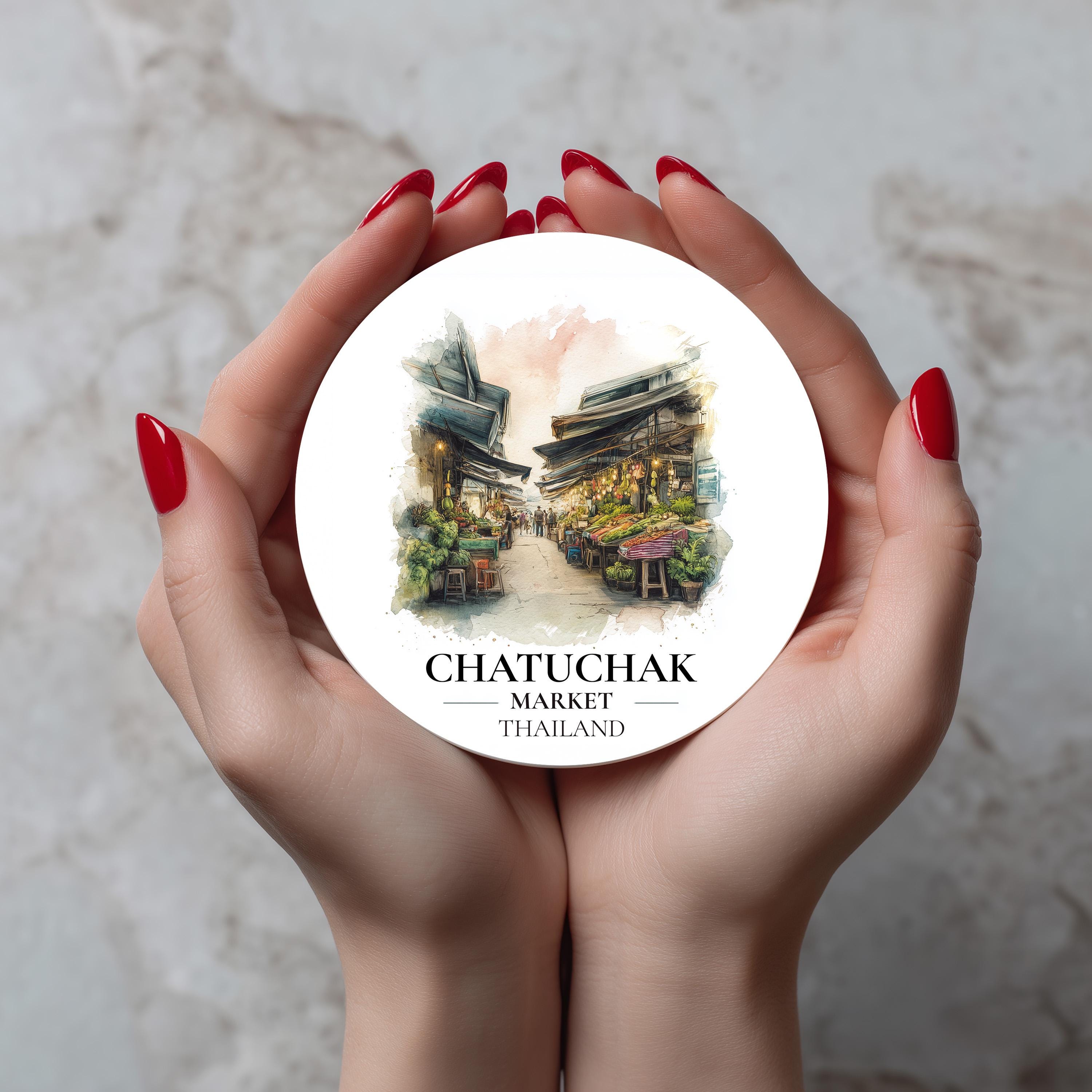 Chatuchak Market Thailand Coaster, Watercolor Personalized Painting, Travel Gift Souvenir, Home Decor, Ceramic Set