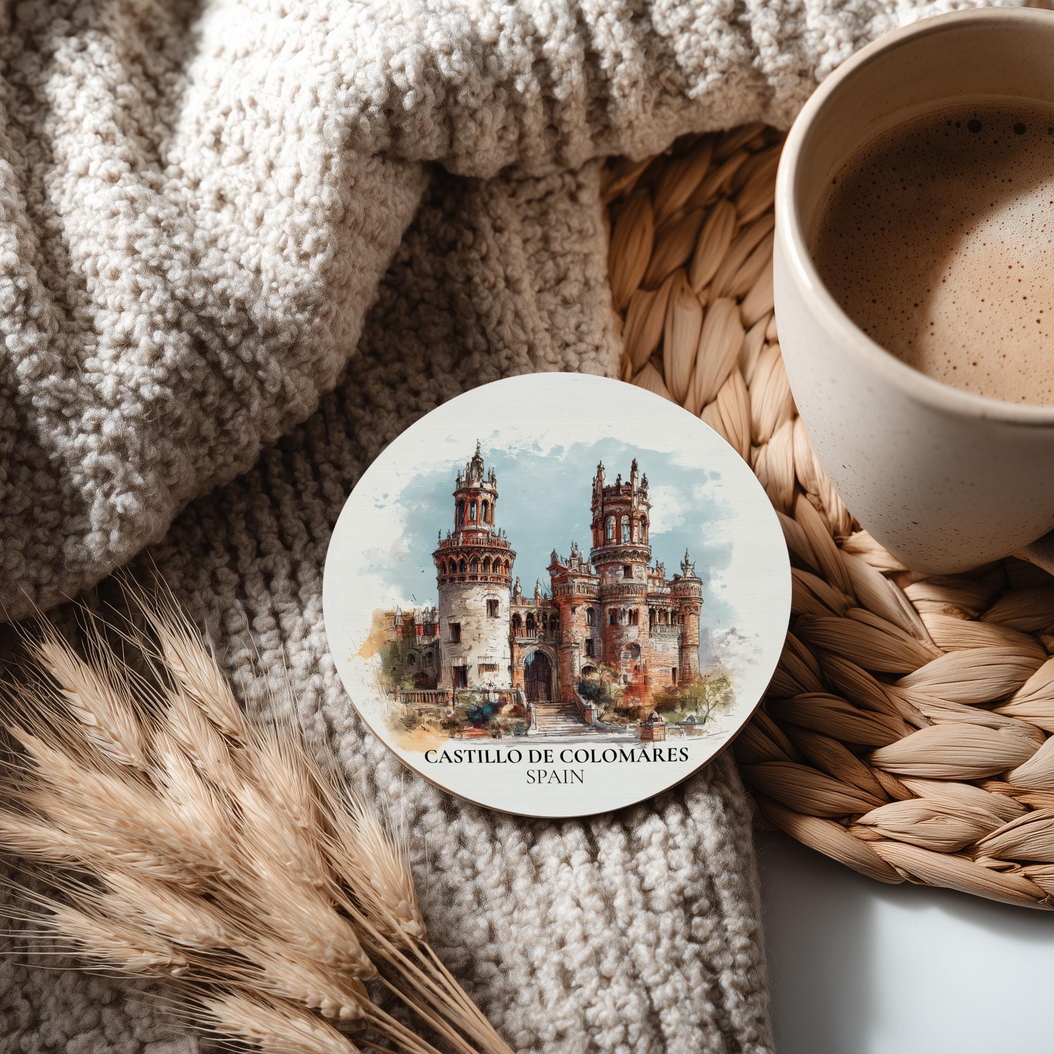 Castillo de Colomares Spain Coaster, Watercolor Personalized Painting, Travel Gift Souvenir, Home Decor, Ceramic Set
