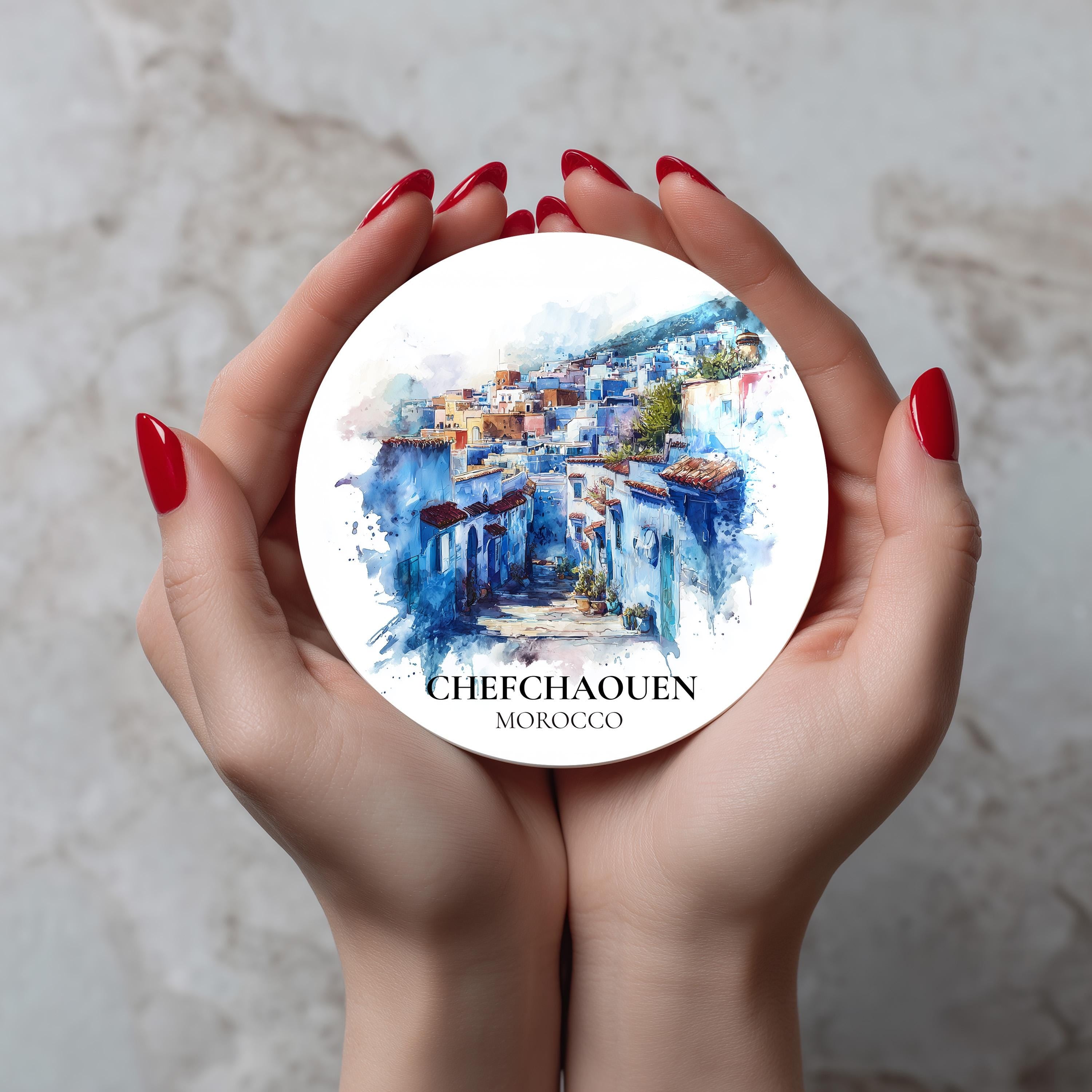 Chefchaouen Morocco Coaster, Watercolor Personalized Painting, Travel Gift Souvenir, Home Decor, Ceramic Set