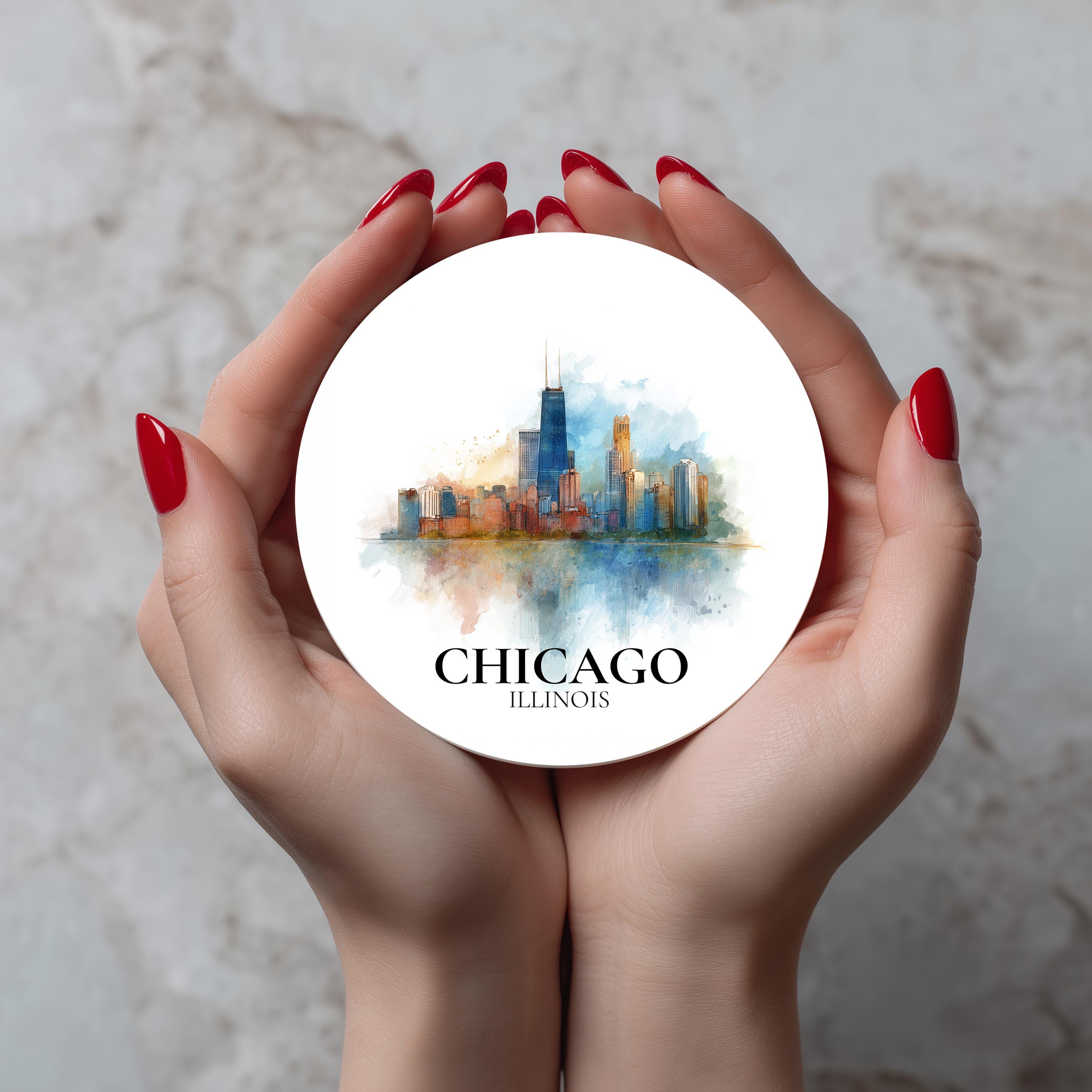 Chicago Illinois Coaster, Watercolor Personalized Painting, Travel Gift Souvenir, Home Decor, Ceramic Set