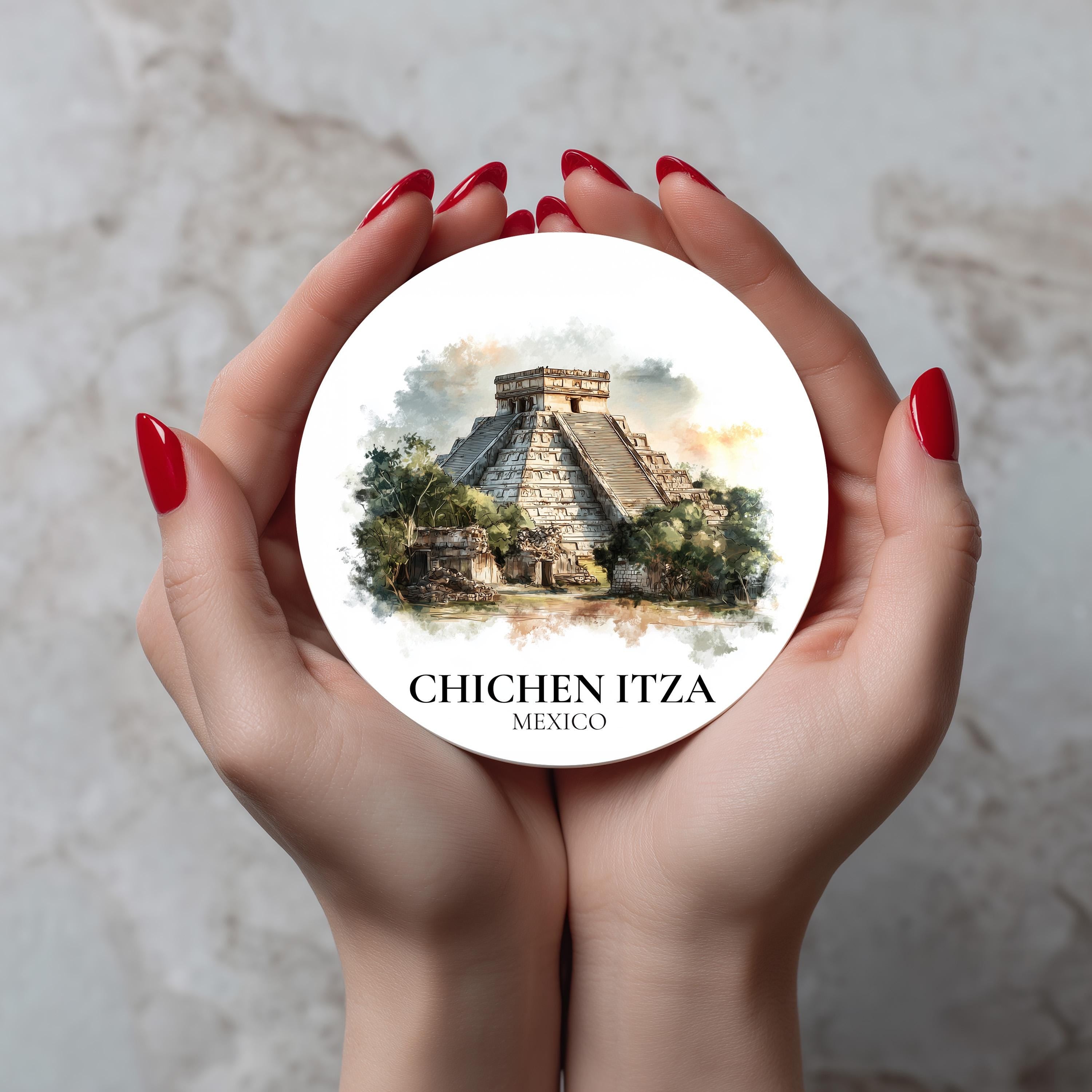 Chichen Itza Mexico Coaster, Watercolor Personalized Painting, Travel Gift Souvenir, Home Decor, Ceramic Set