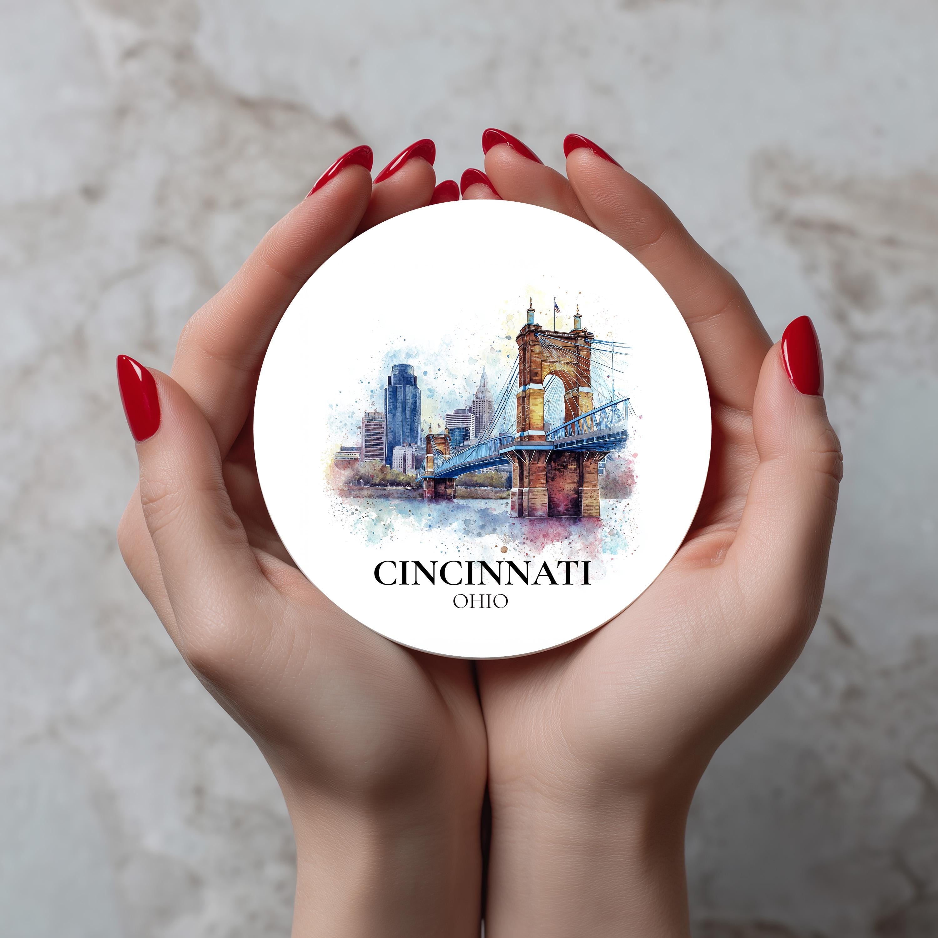 Cincinnati Ohio Coaster, Watercolor Personalized Painting, Travel Gift Souvenir, Home Decor, Ceramic Set