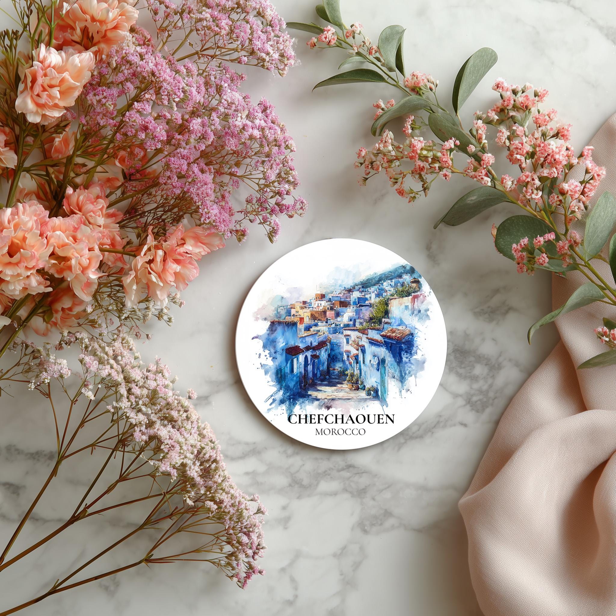 Chefchaouen Morocco Coaster, Watercolor Personalized Painting, Travel Gift Souvenir, Home Decor, Ceramic Set