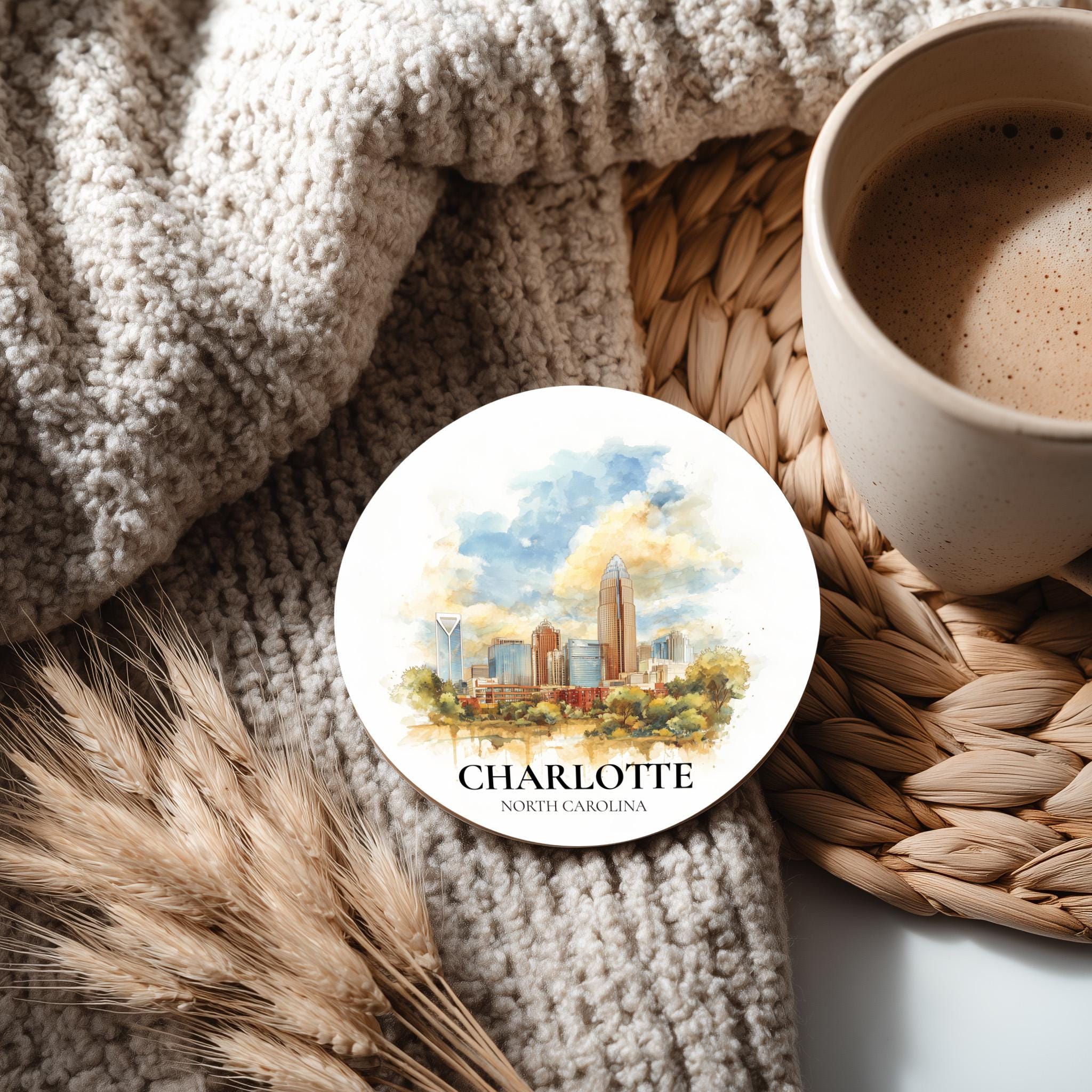 Charlotte North Carolina2 Coaster, Watercolor Personalized Painting, Travel Gift Souvenir, Home Decor, Ceramic Set