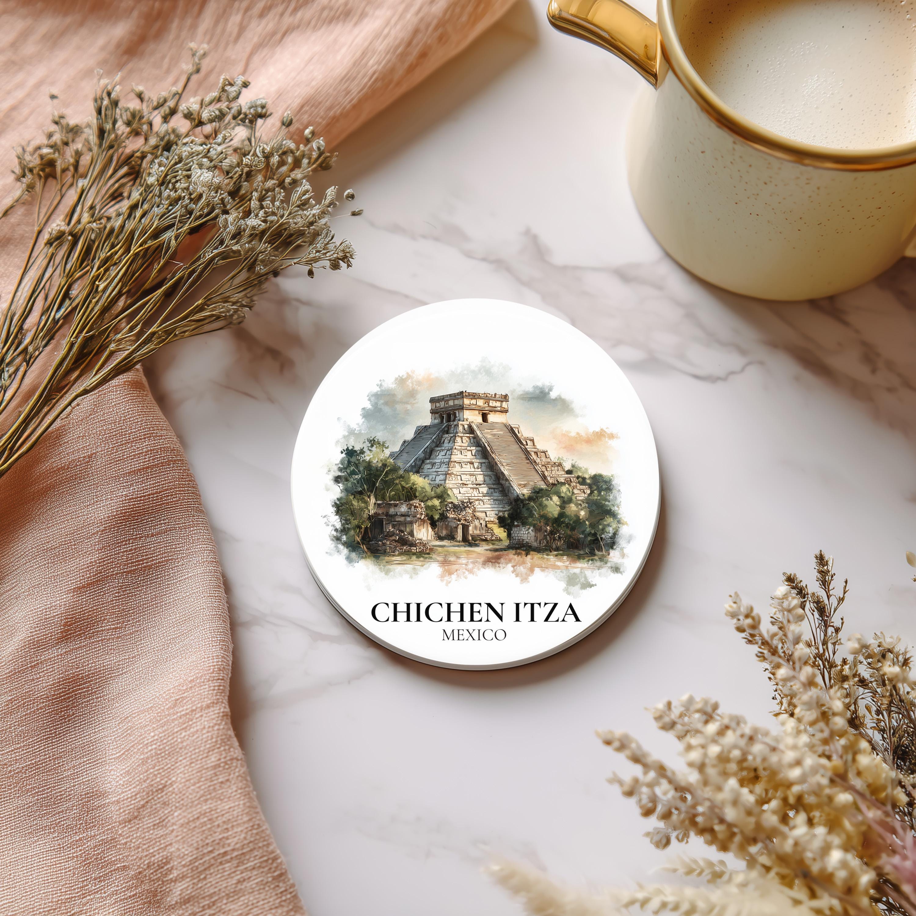 Chichen Itza Mexico Coaster, Watercolor Personalized Painting, Travel Gift Souvenir, Home Decor, Ceramic Set