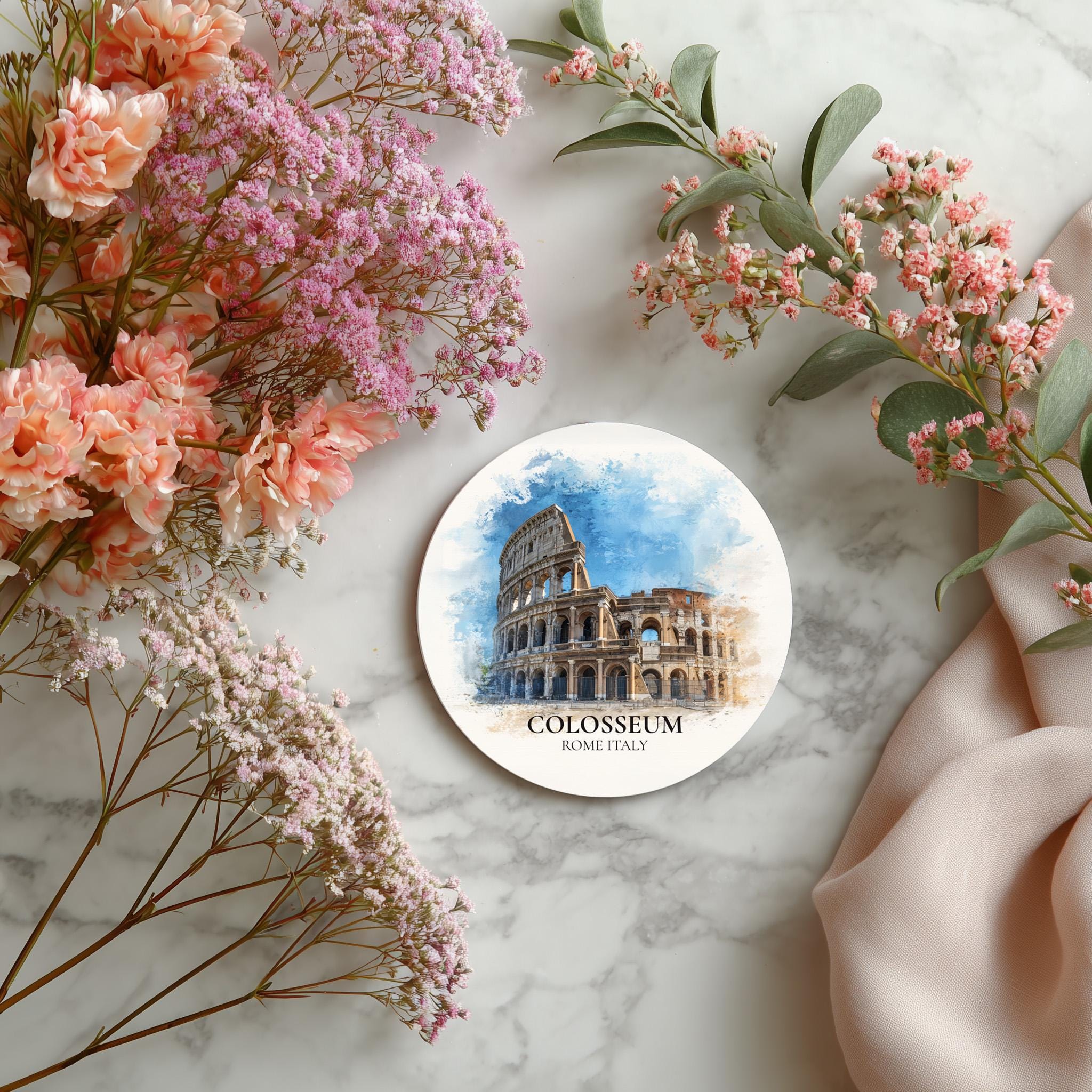 Colosseum Italy Coaster, Watercolor Personalized Painting, Travel Gift Souvenir, Home Decor, Ceramic Set