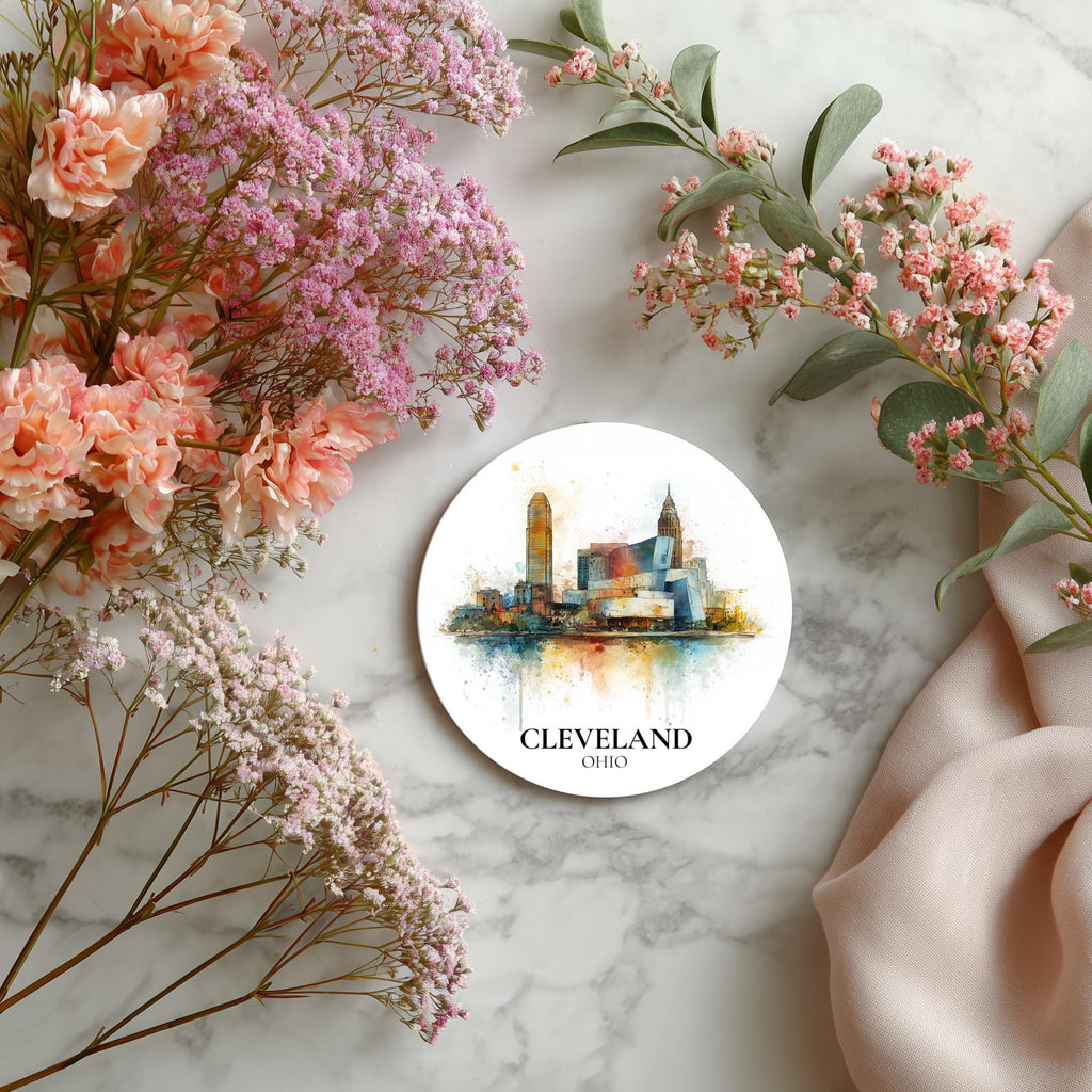 Cleveland Ohio2 Coaster, Watercolor Personalized Painting, Travel Gift Souvenir, Home Decor, Ceramic Set