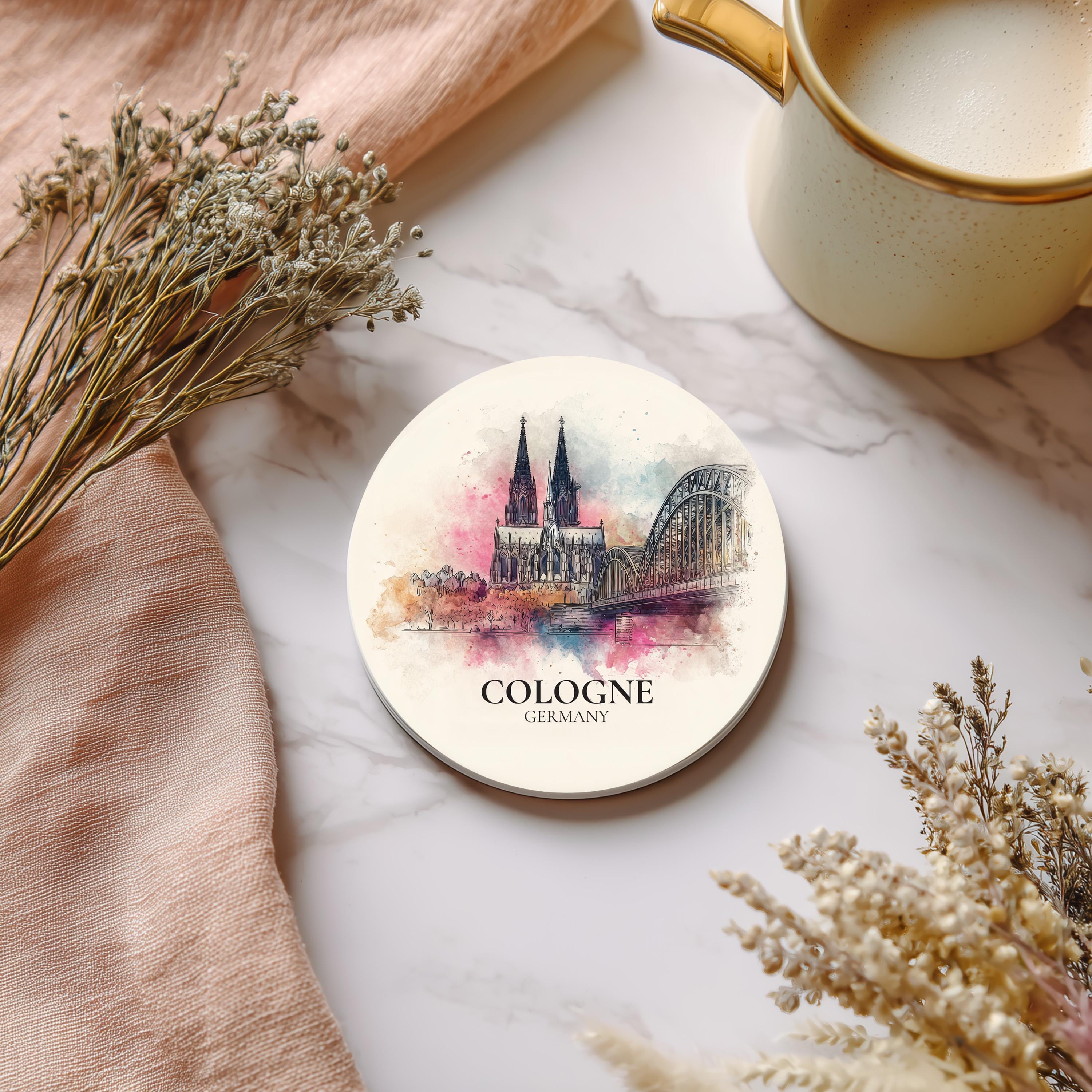 Cologne Germany Coaster, Watercolor Personalized Painting, Travel Gift Souvenir, Home Decor, Ceramic Set