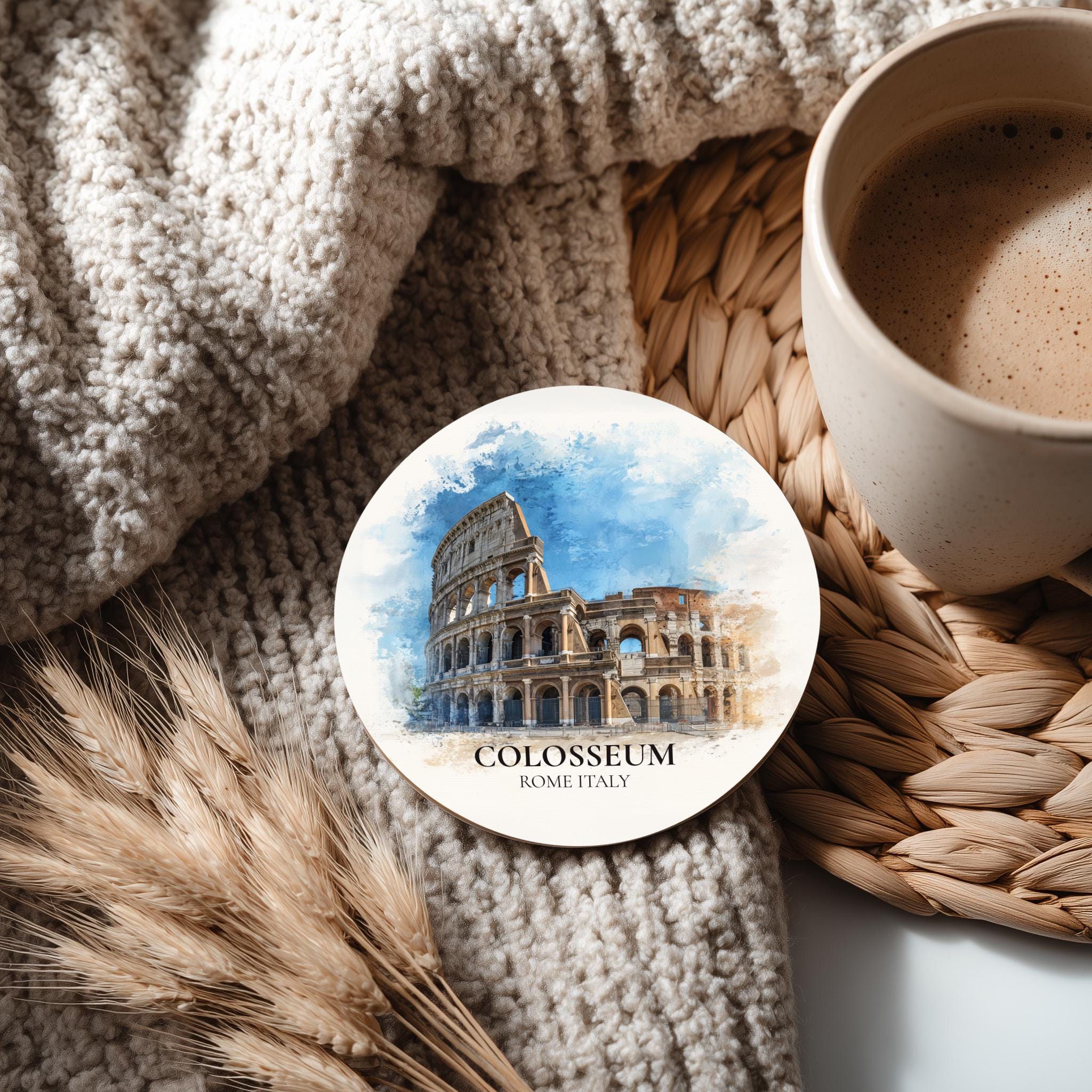 Colosseum Italy Coaster, Watercolor Personalized Painting, Travel Gift Souvenir, Home Decor, Ceramic Set