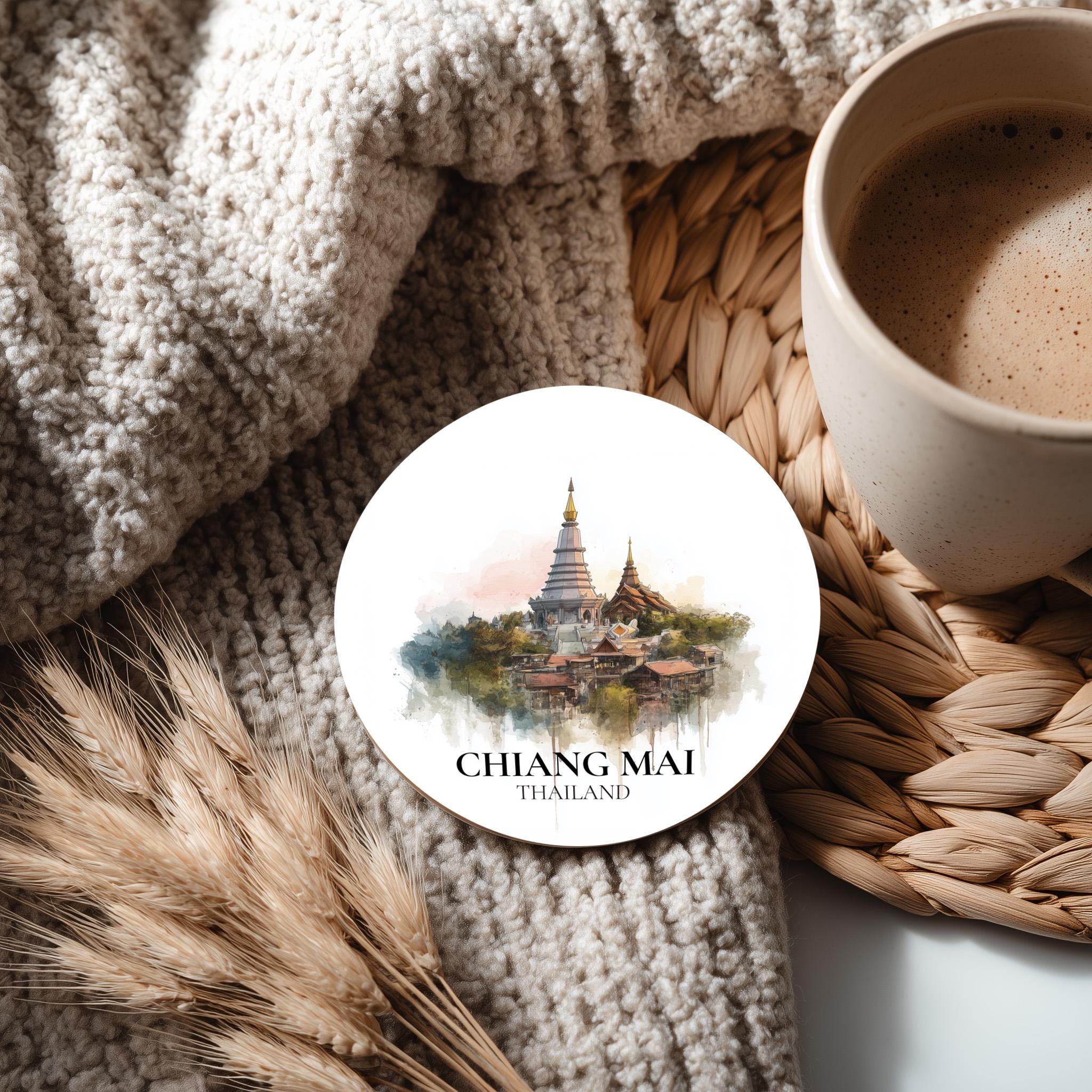 Chiang Mai Thailand Coaster, Watercolor Personalized Painting, Travel Gift Souvenir, Home Decor, Ceramic Set