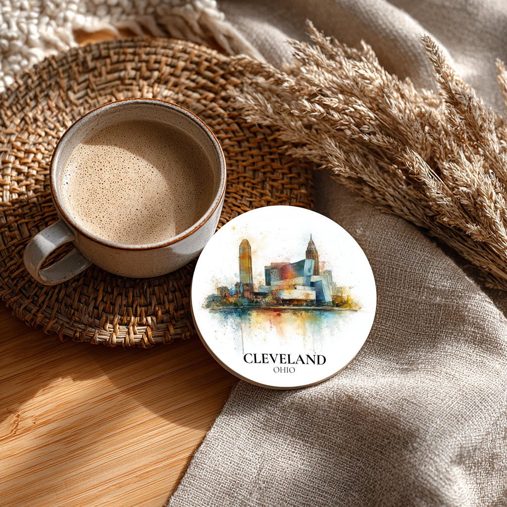 Cleveland Ohio2 Coaster, Watercolor Personalized Painting, Travel Gift Souvenir, Home Decor, Ceramic Set