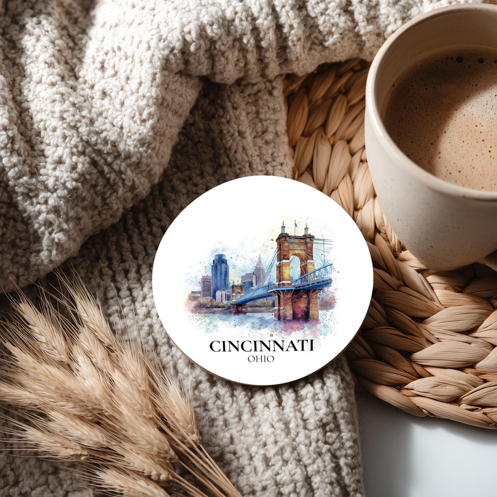 Cincinnati Ohio Coaster, Watercolor Personalized Painting, Travel Gift Souvenir, Home Decor, Ceramic Set