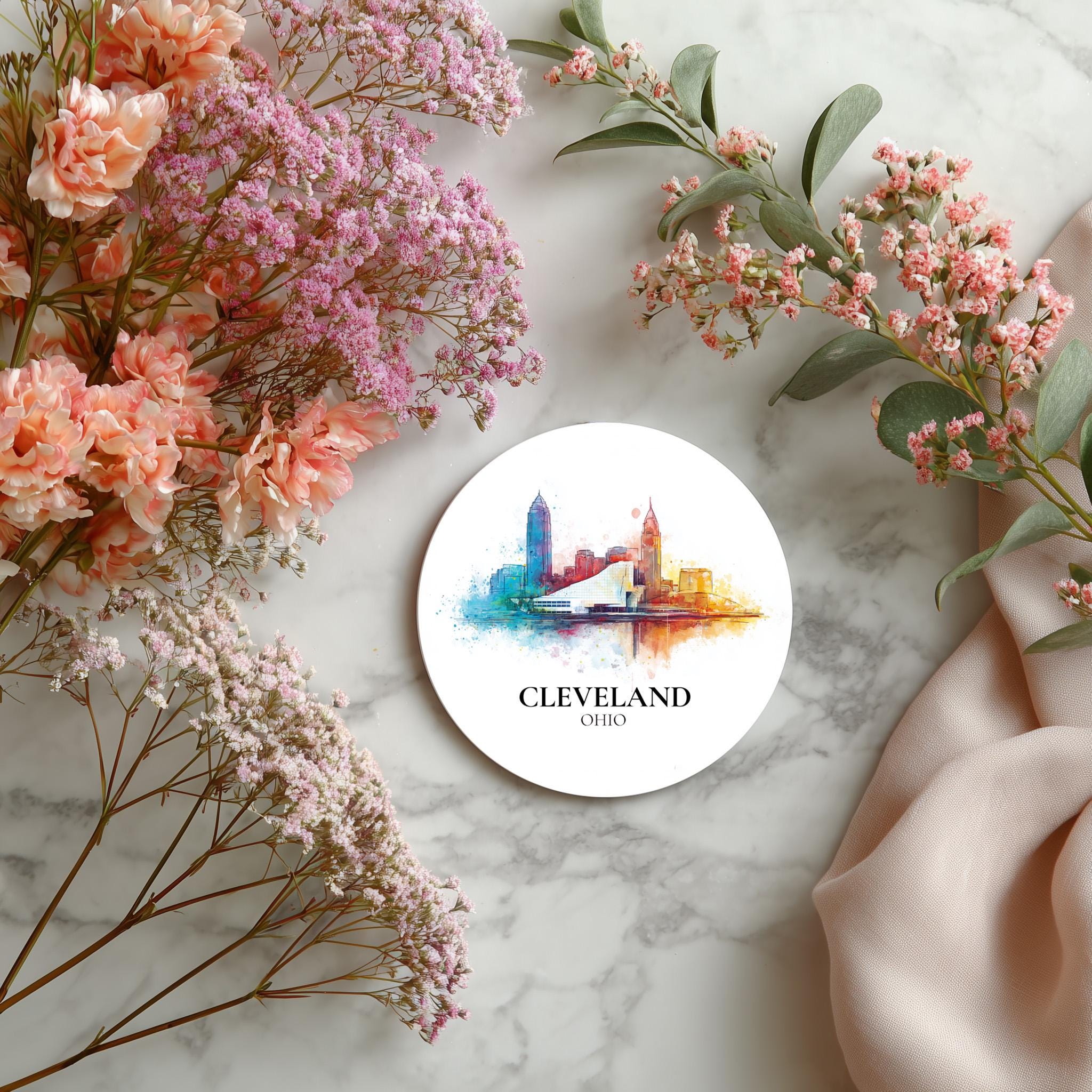 Cleveland Ohio Coaster, Watercolor Personalized Painting, Travel Gift Souvenir, Home Decor, Ceramic Set