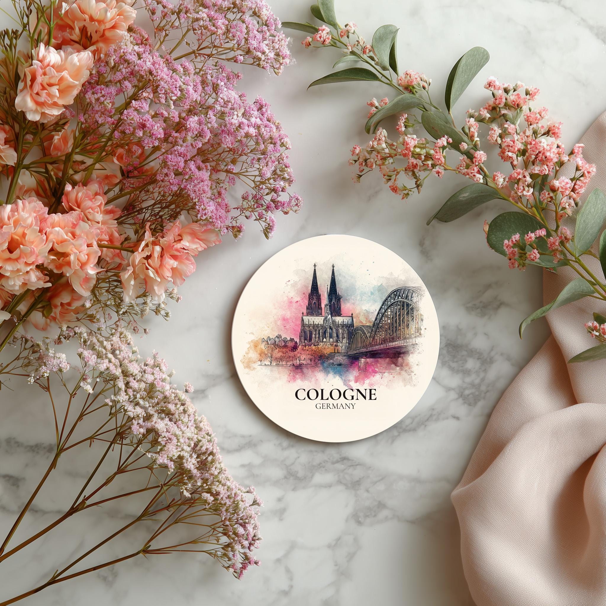 Cologne Germany Coaster, Watercolor Personalized Painting, Travel Gift Souvenir, Home Decor, Ceramic Set