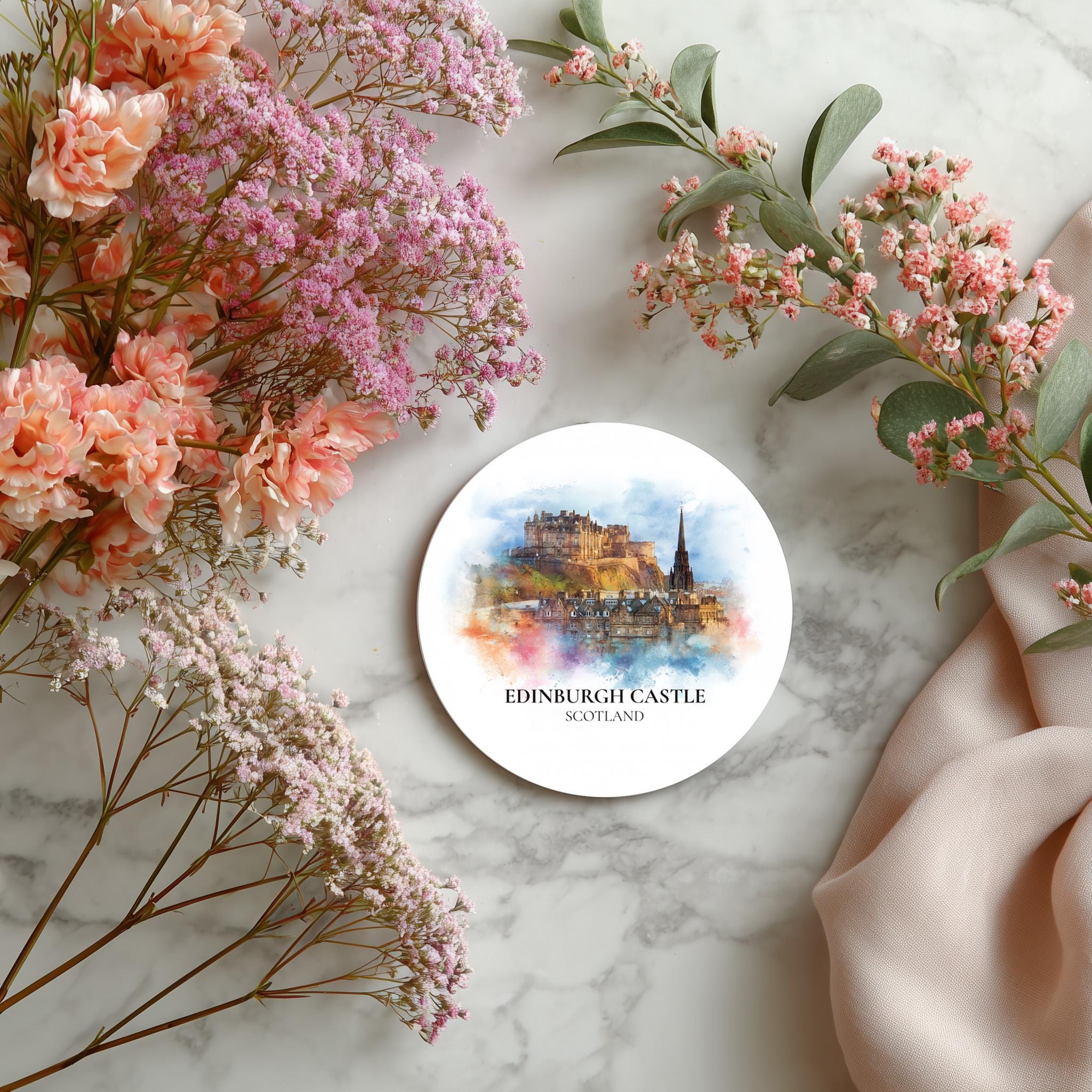 Edinburgh Castle Scotland Coaster, Watercolor Personalized Painting, Travel Gift Souvenir, Home Decor, Ceramic Set