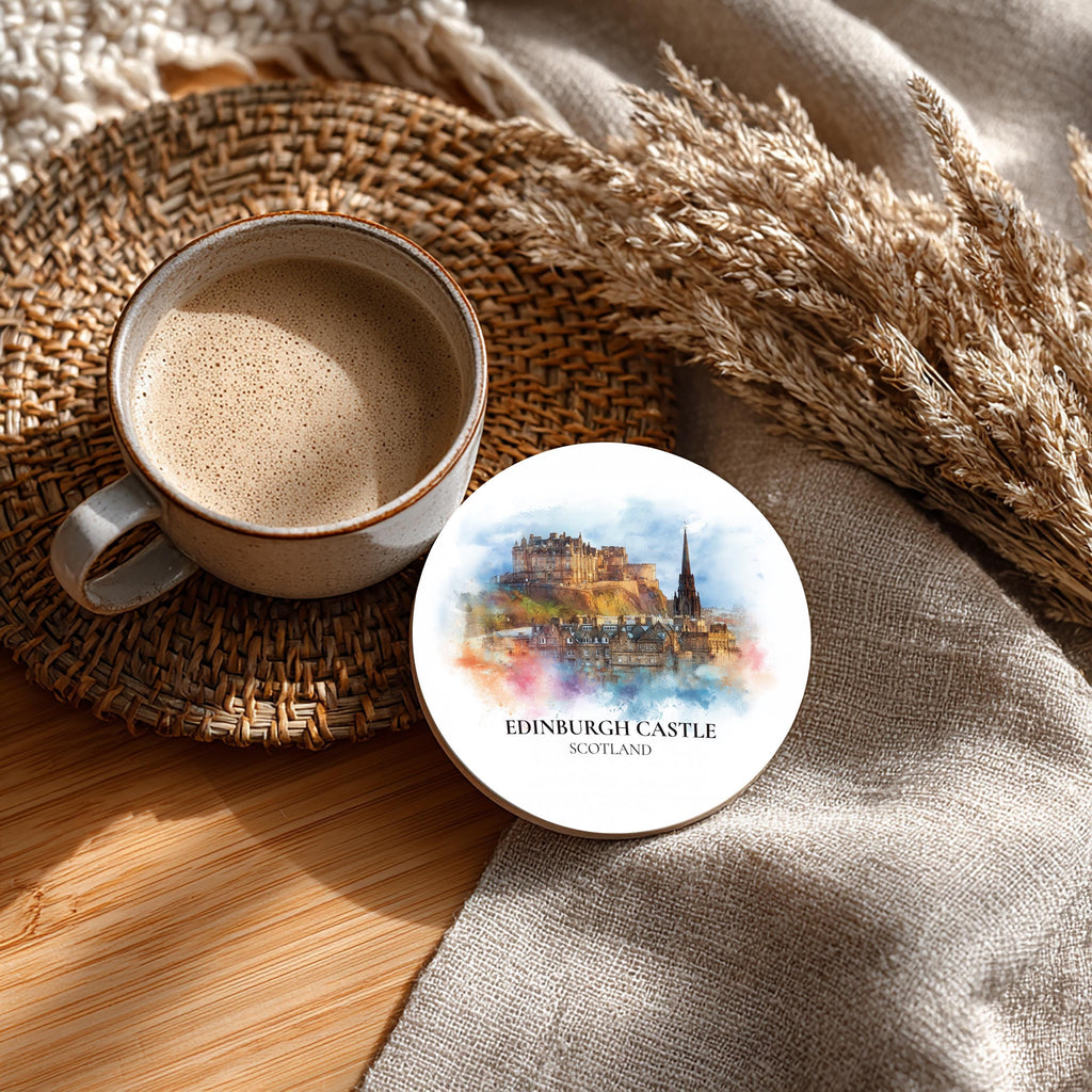 Edinburgh Castle Scotland Coaster, Watercolor Personalized Painting, Travel Gift Souvenir, Home Decor, Ceramic Set