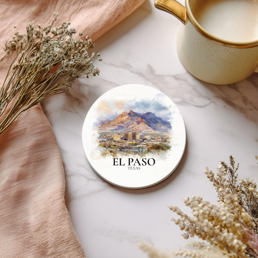 El Paso Texas Coaster, Watercolor Personalized Painting, Travel Gift Souvenir, Home Decor, Ceramic Set