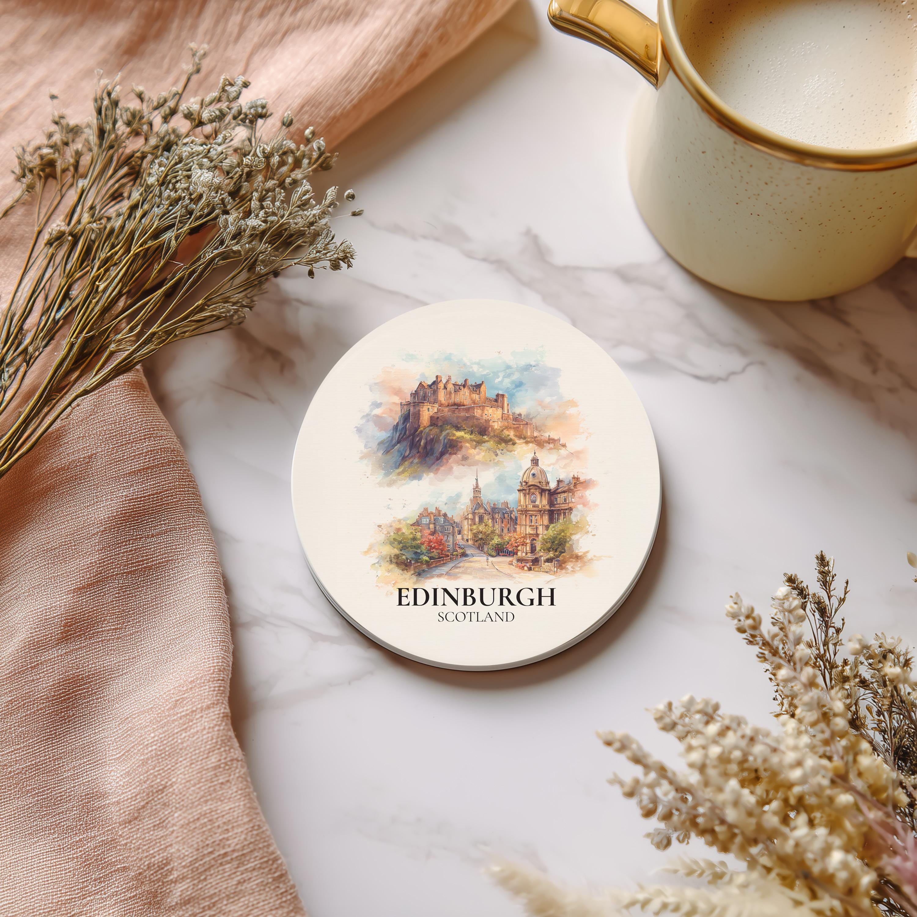 Edinburgh Scotland3 Coaster, Watercolor Personalized Painting, Travel Gift Souvenir, Home Decor, Ceramic Set