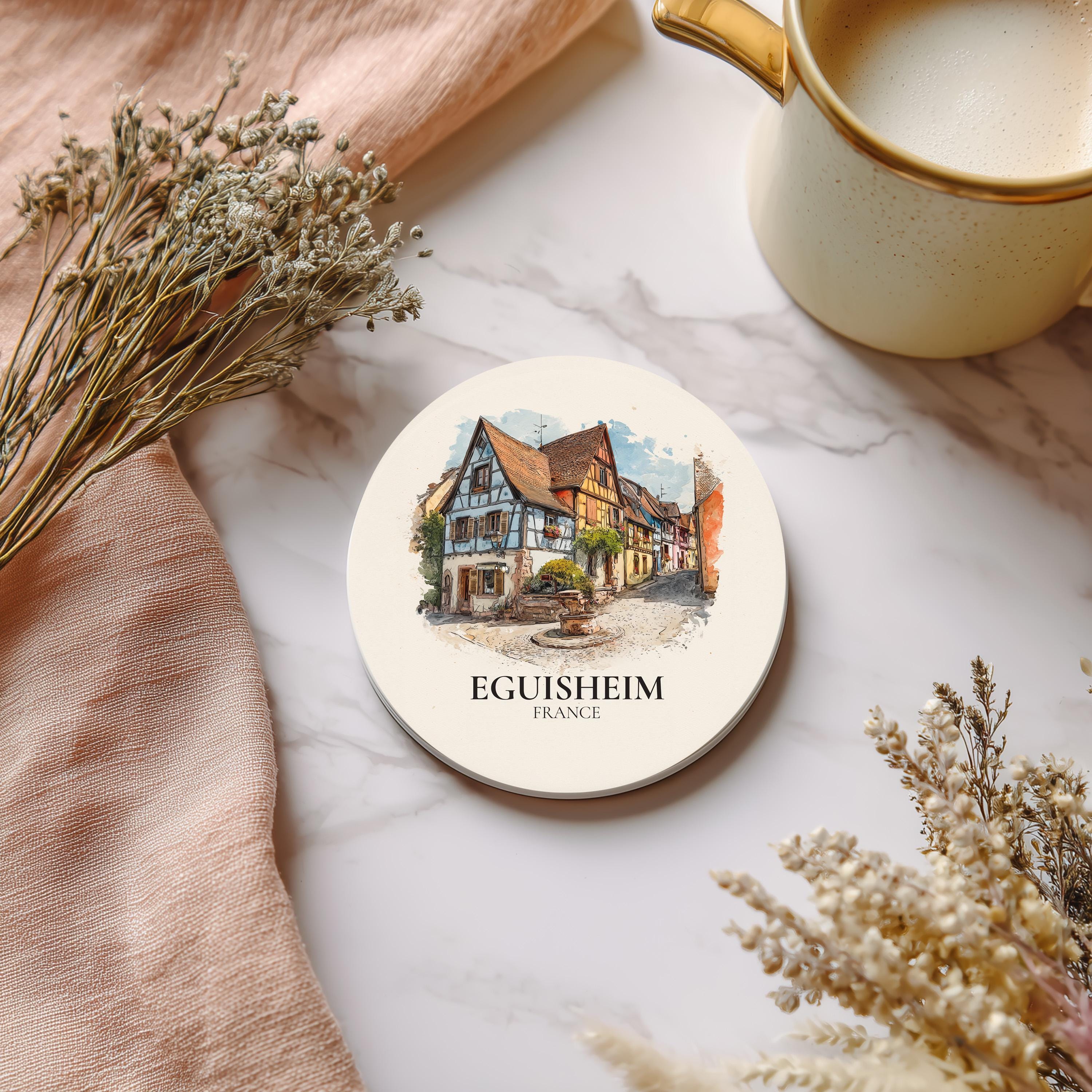 Eguisheim France Coaster, Watercolor Personalized Painting, Travel Gift Souvenir, Home Decor, Ceramic Set