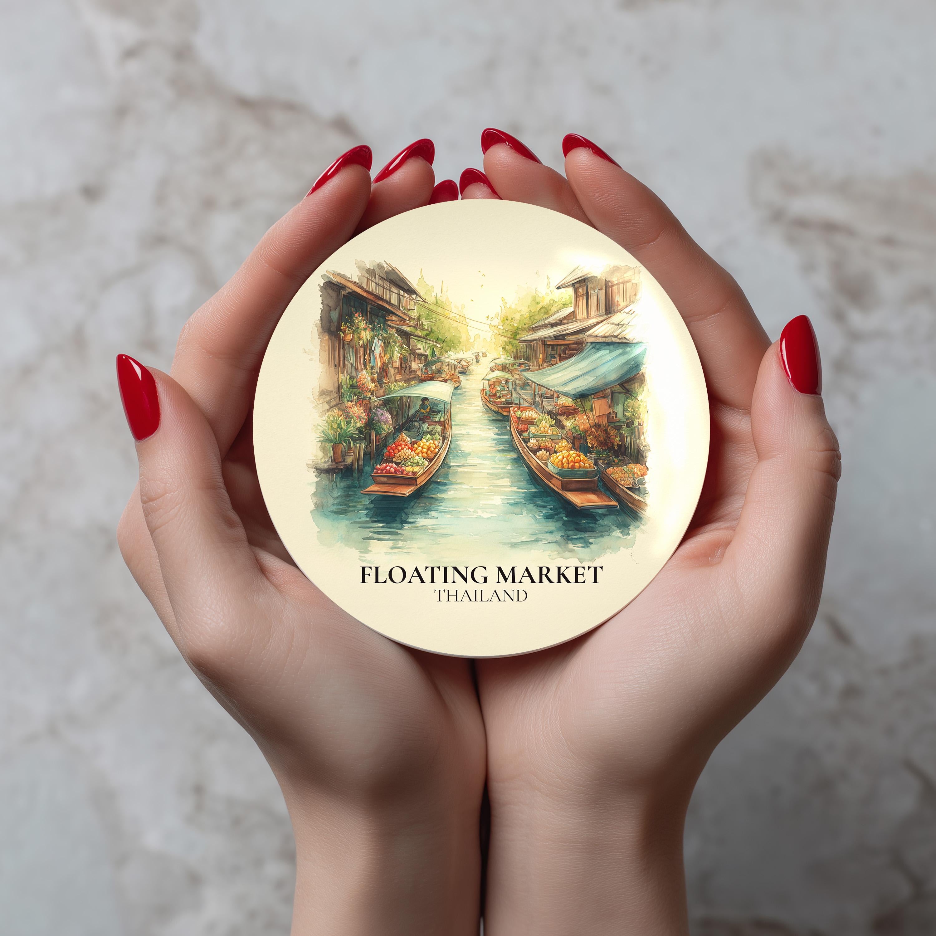 Floating Market Thailand Coaster, Watercolor Personalized Painting, Travel Gift Souvenir, Home Decor, Ceramic Set