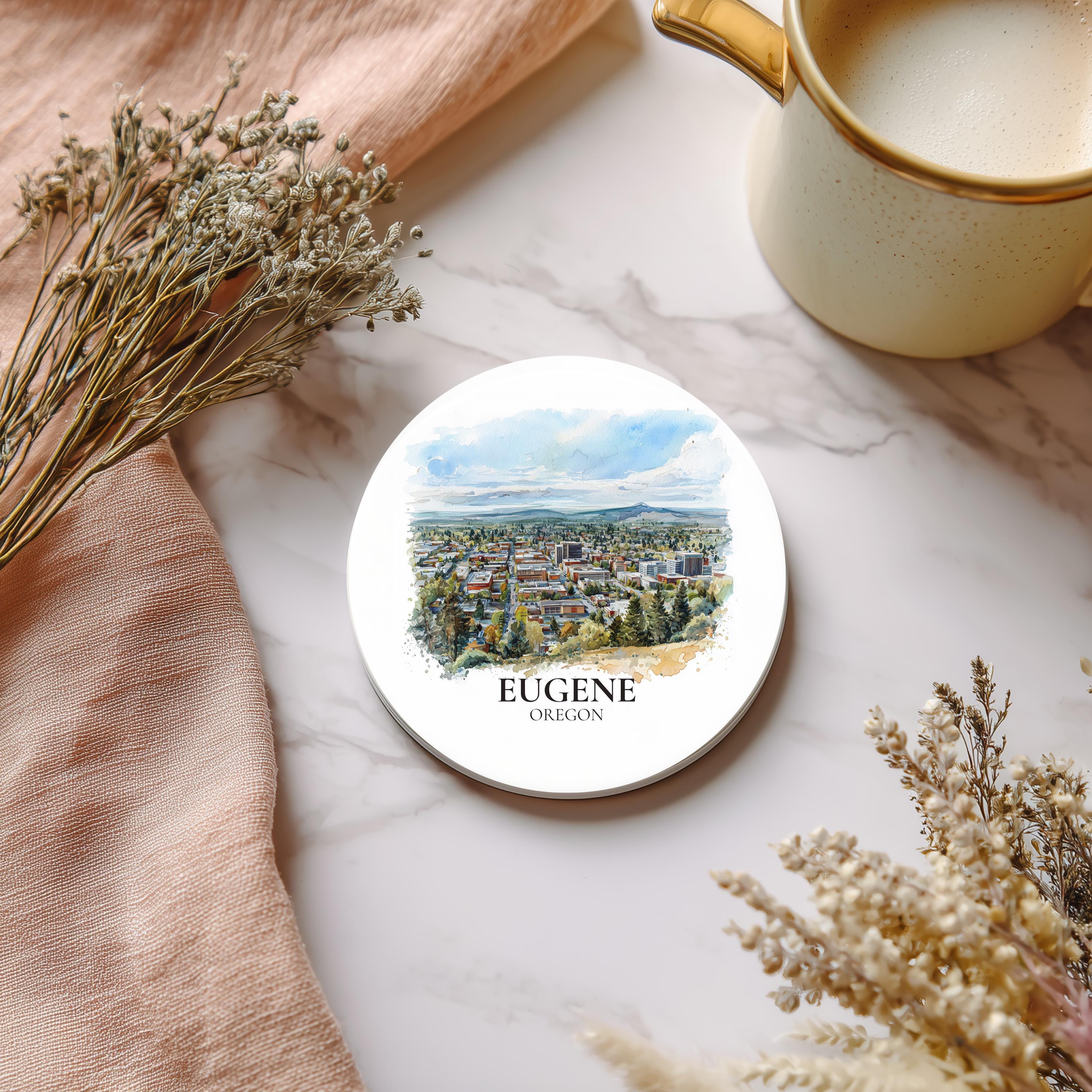 Eugene Oregon Coaster, Watercolor Personalized Painting, Travel Gift Souvenir, Home Decor, Ceramic Set