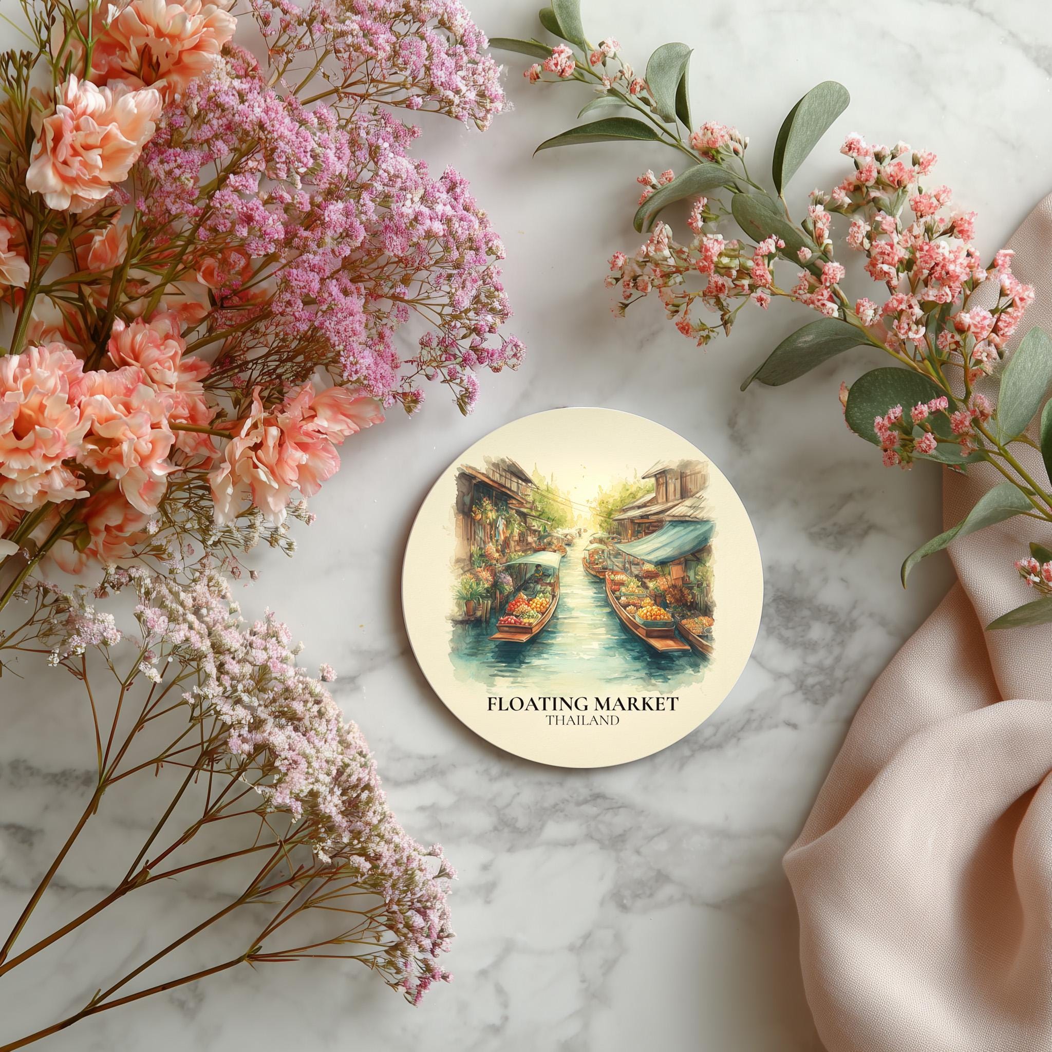 Floating Market Thailand Coaster, Watercolor Personalized Painting, Travel Gift Souvenir, Home Decor, Ceramic Set