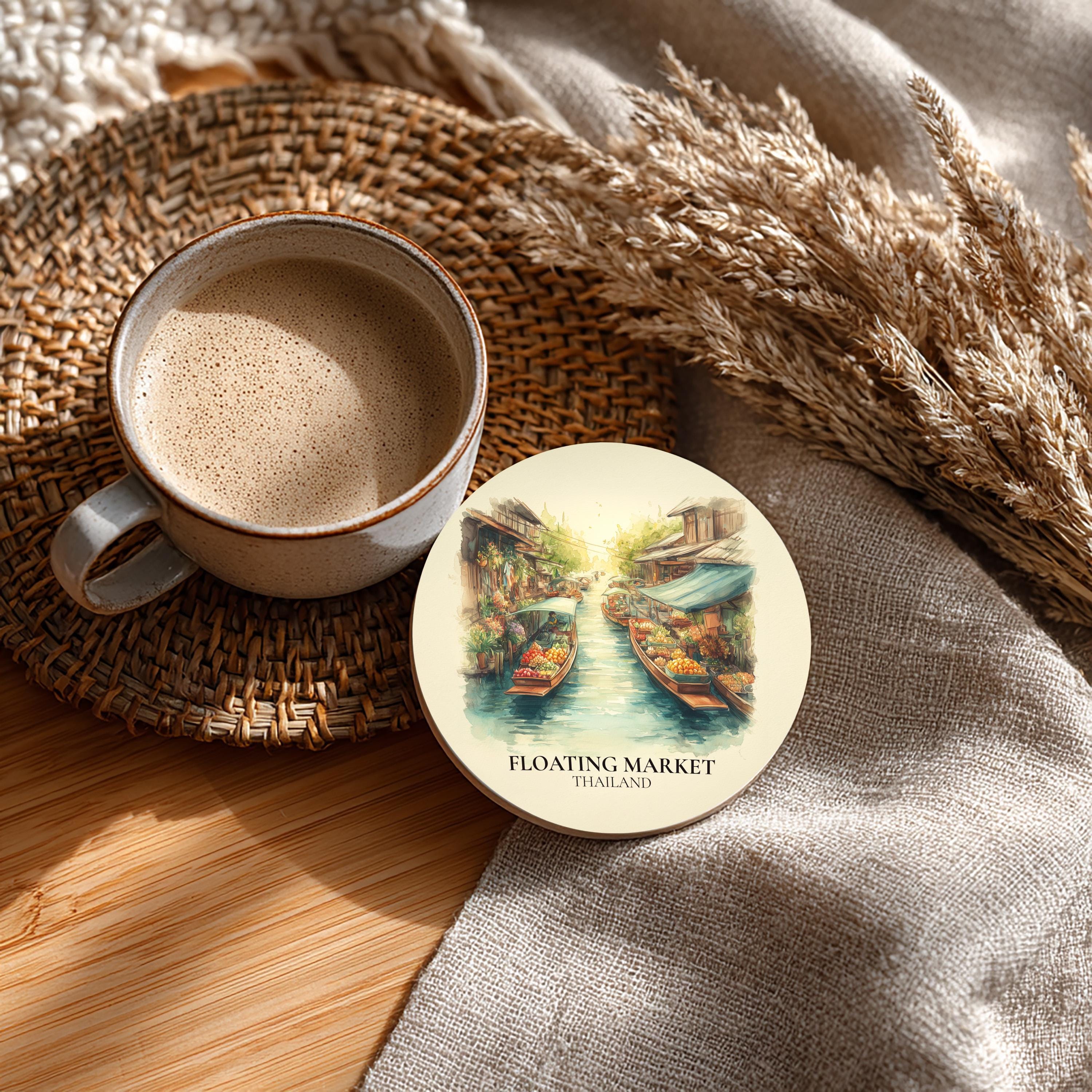 Floating Market Thailand Coaster, Watercolor Personalized Painting, Travel Gift Souvenir, Home Decor, Ceramic Set