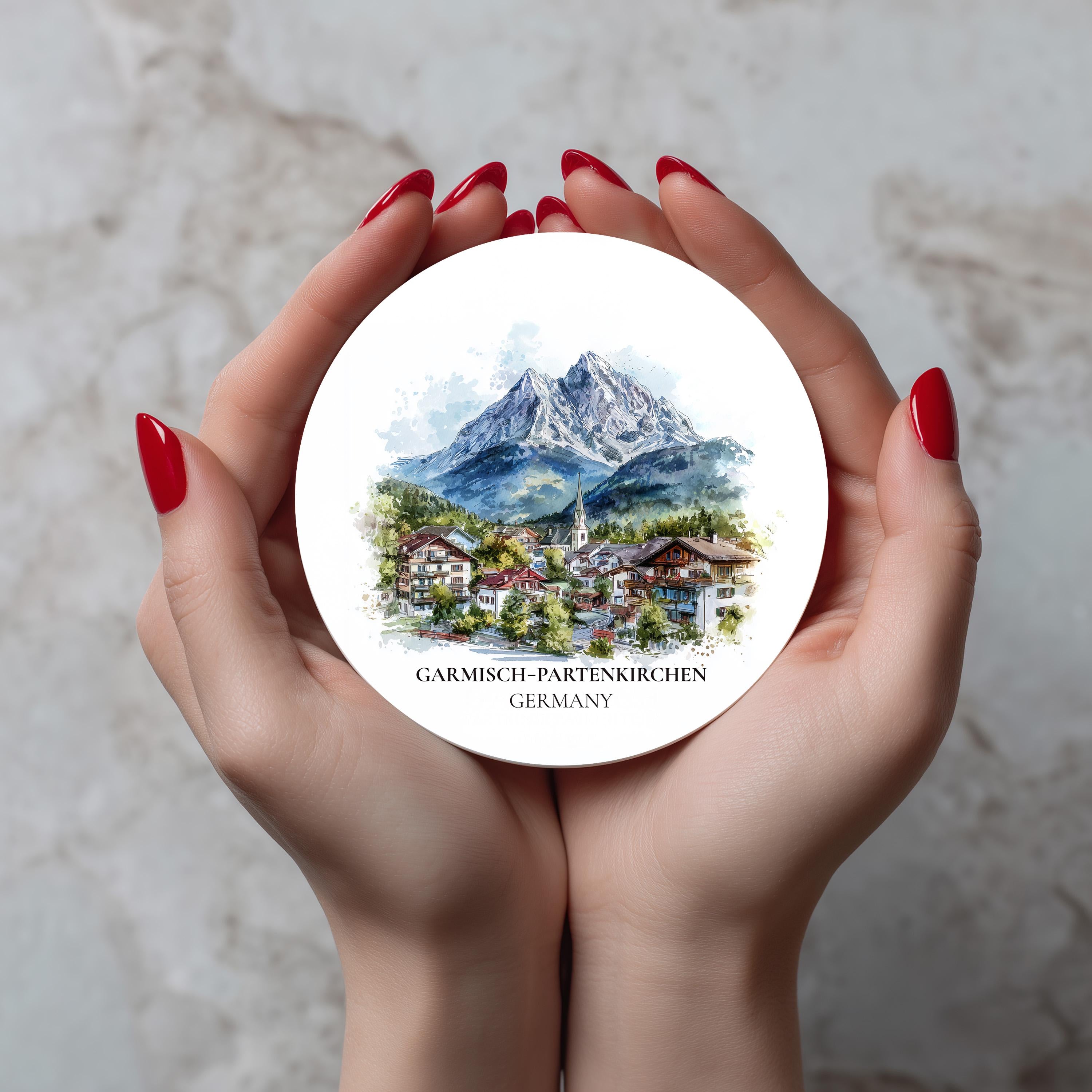 Garmisch Partenkirchen Germany Coaster, Watercolor Personalized Painting, Travel Gift Souvenir, Home Decor, Ceramic Set