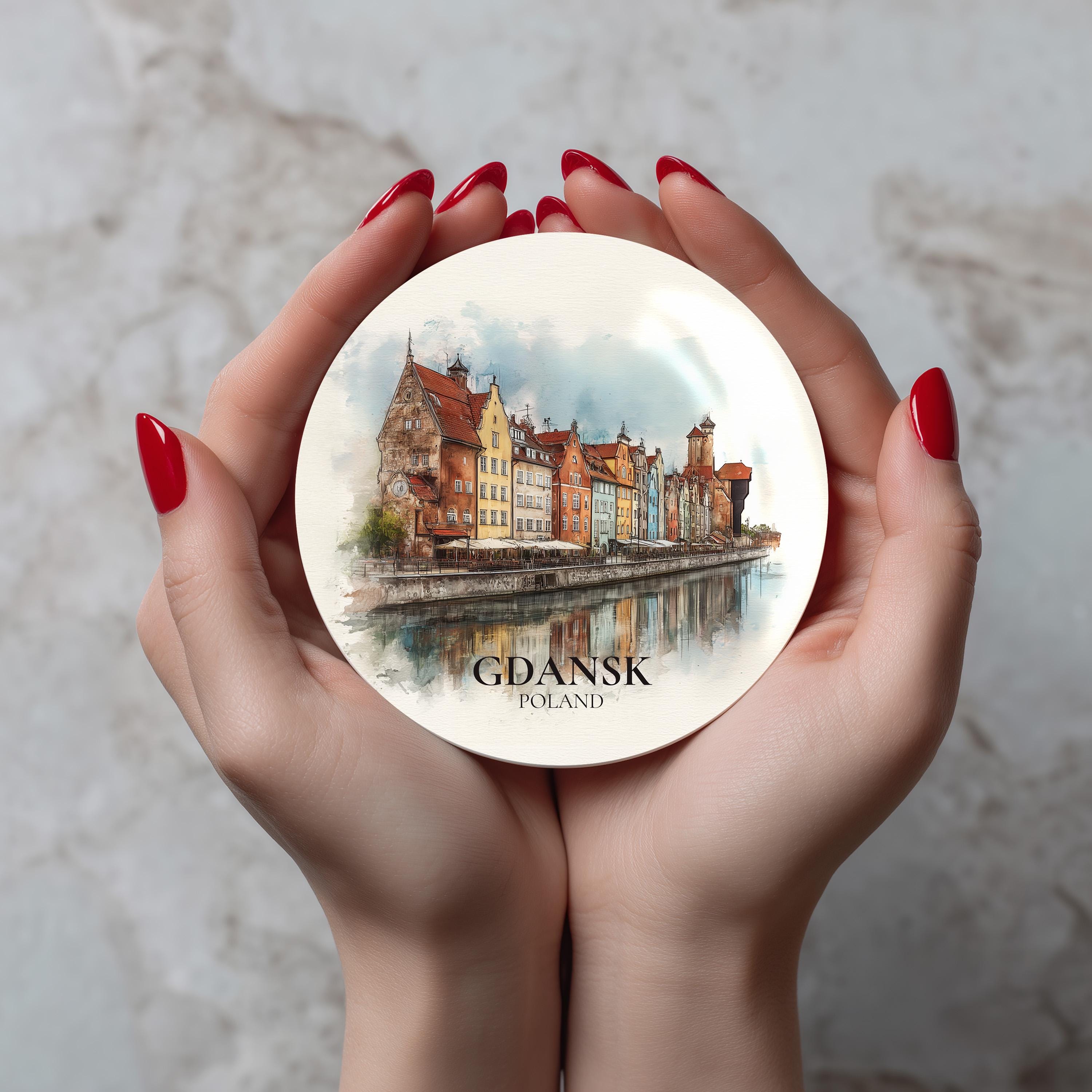 Gdansk Poland Coaster, Watercolor Personalized Painting, Travel Gift Souvenir, Home Decor, Ceramic Set