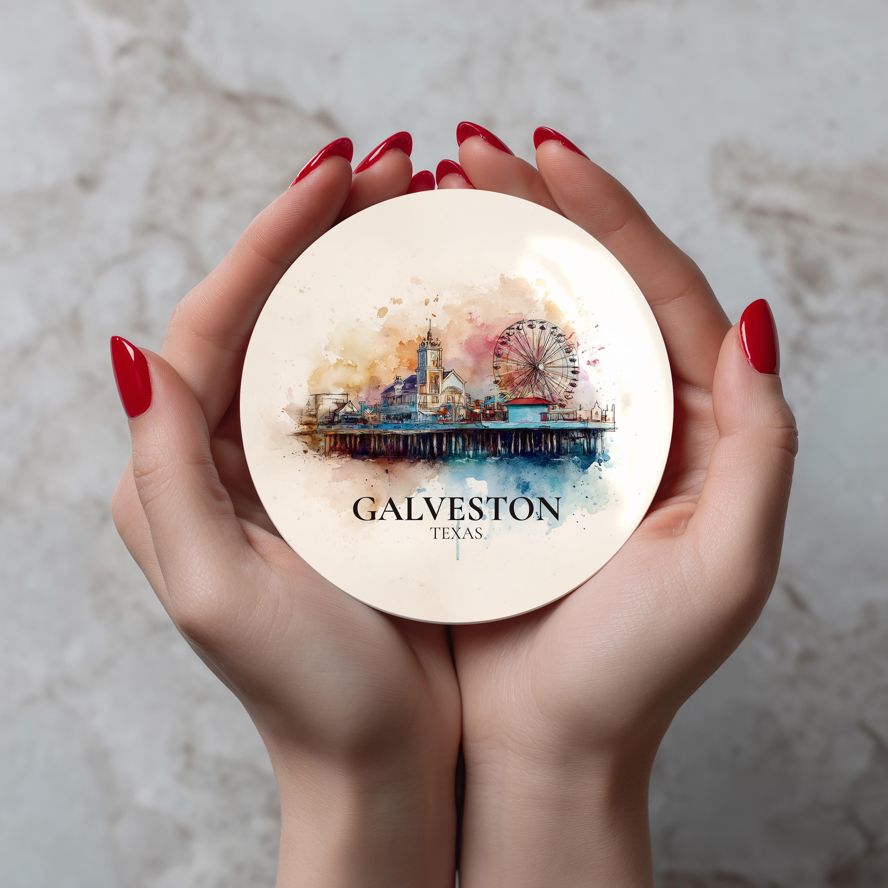 Galveston Texas Coaster, Watercolor Personalized Painting, Travel Gift Souvenir, Home Decor, Ceramic Set