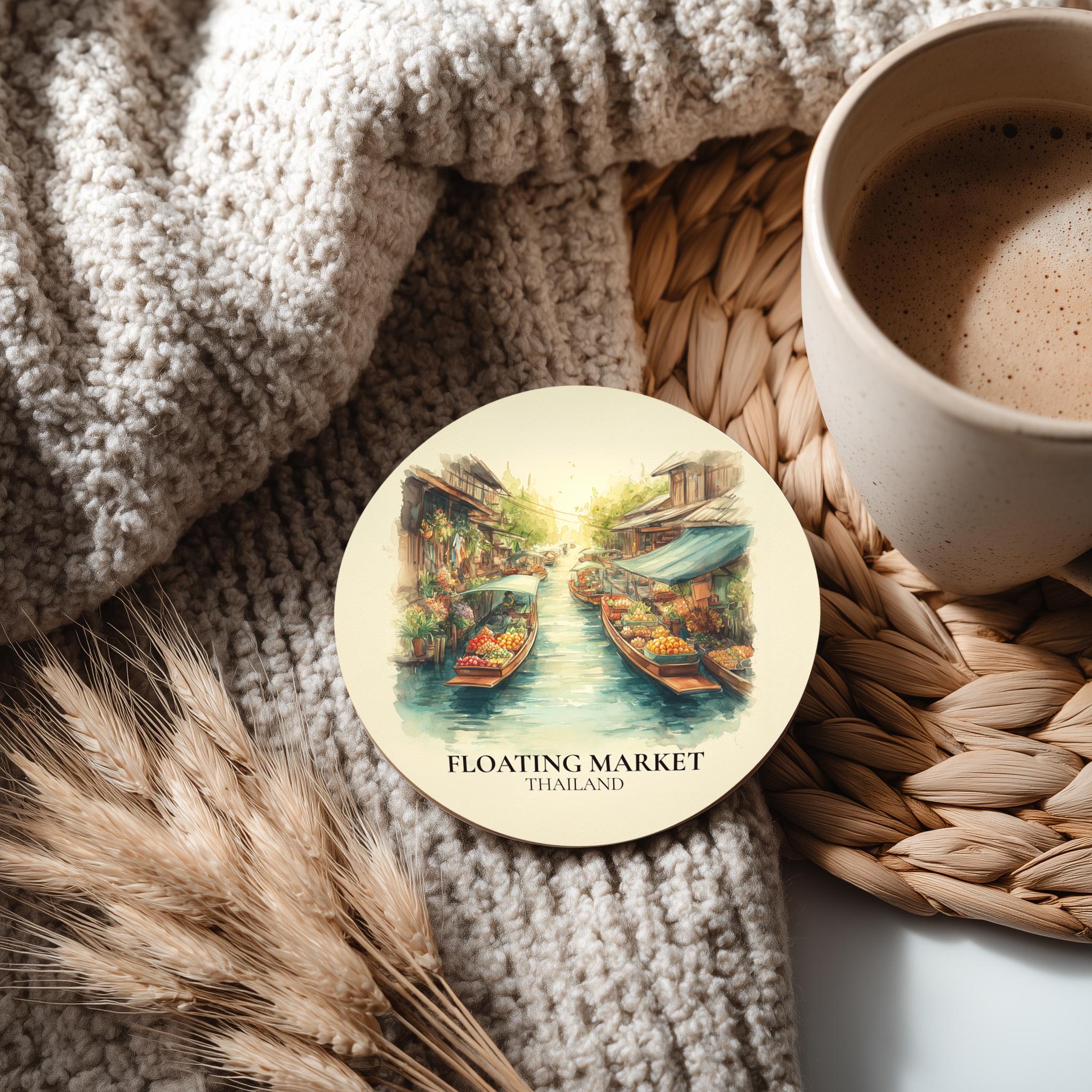 Floating Market Thailand Coaster, Watercolor Personalized Painting, Travel Gift Souvenir, Home Decor, Ceramic Set