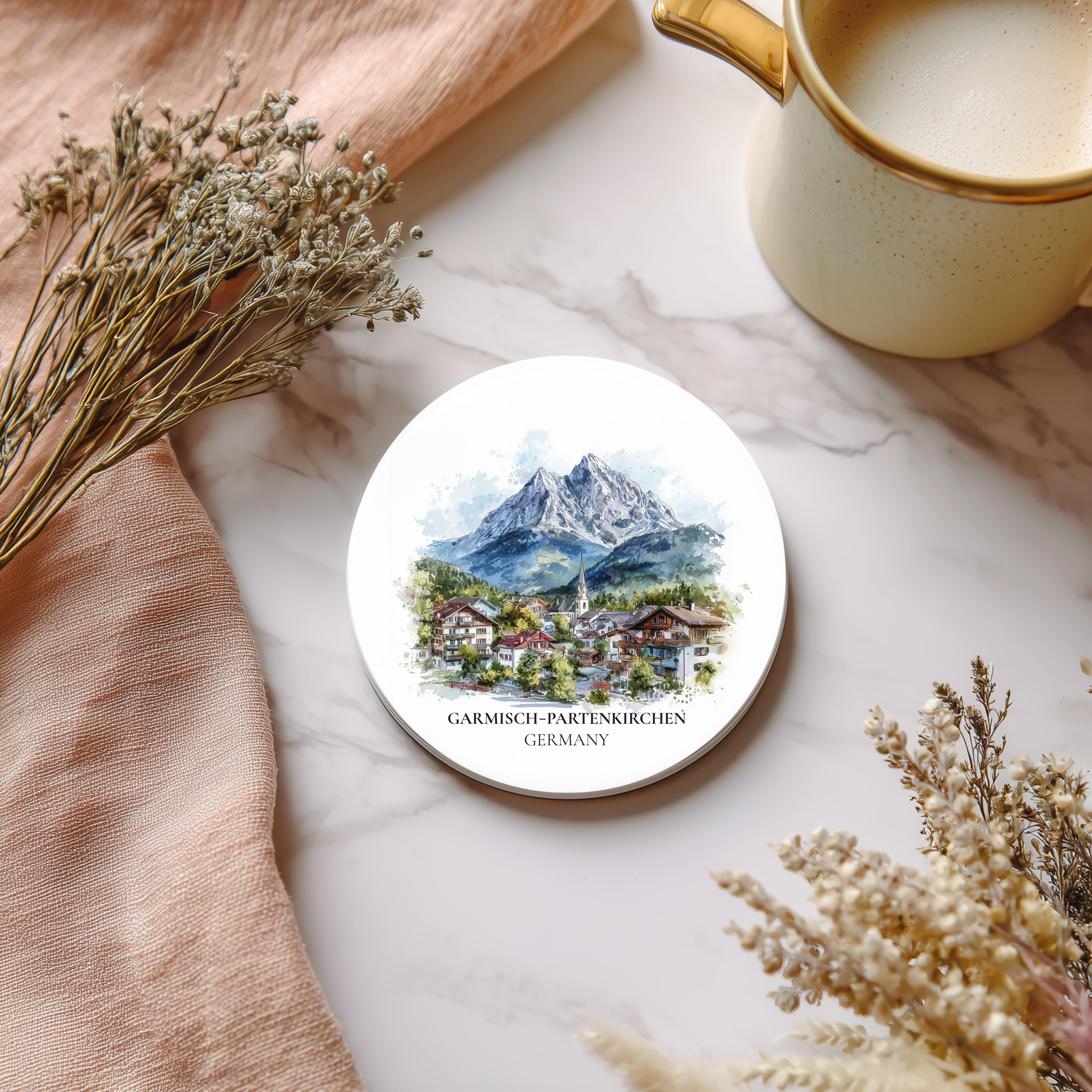 Garmisch Partenkirchen Germany Coaster, Watercolor Personalized Painting, Travel Gift Souvenir, Home Decor, Ceramic Set