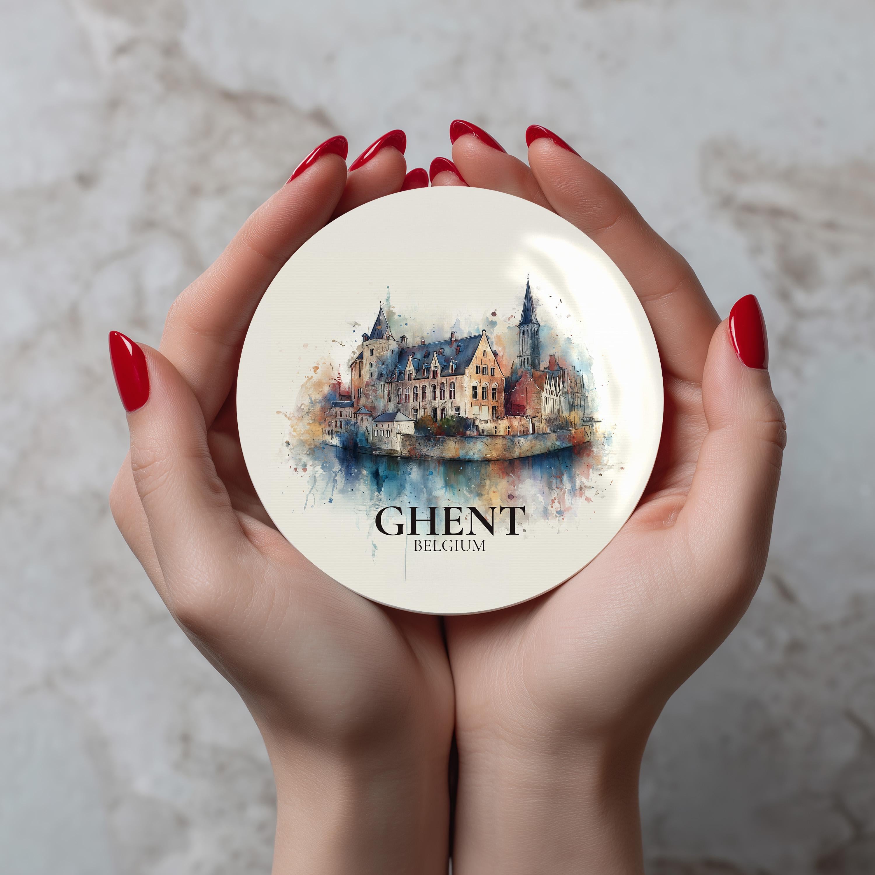 Ghent Belgium Coaster, Watercolor Personalized Painting, Travel Gift Souvenir, Home Decor, Ceramic Set