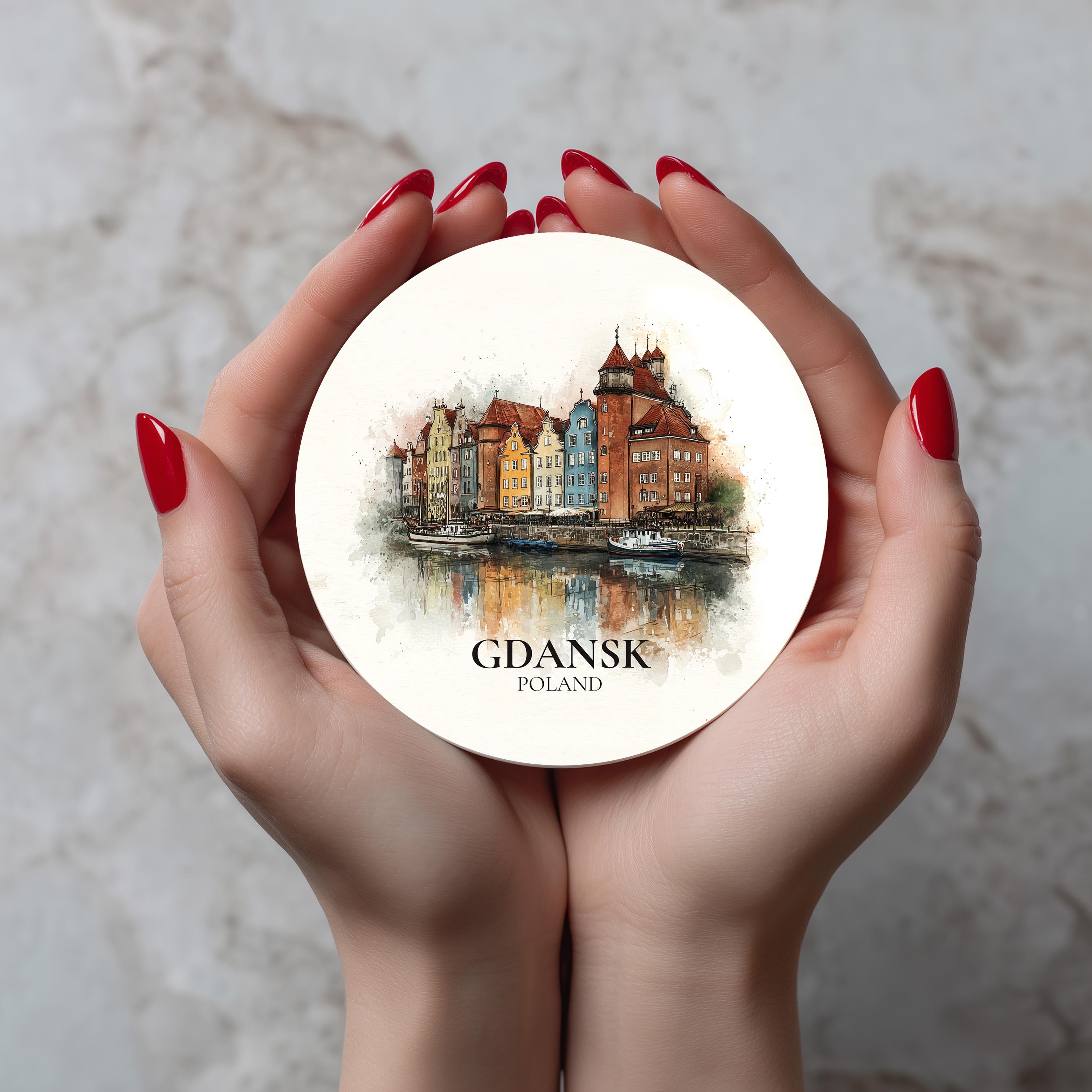 Gdansk Poland2 Coaster, Watercolor Personalized Painting, Travel Gift Souvenir, Home Decor, Ceramic Set