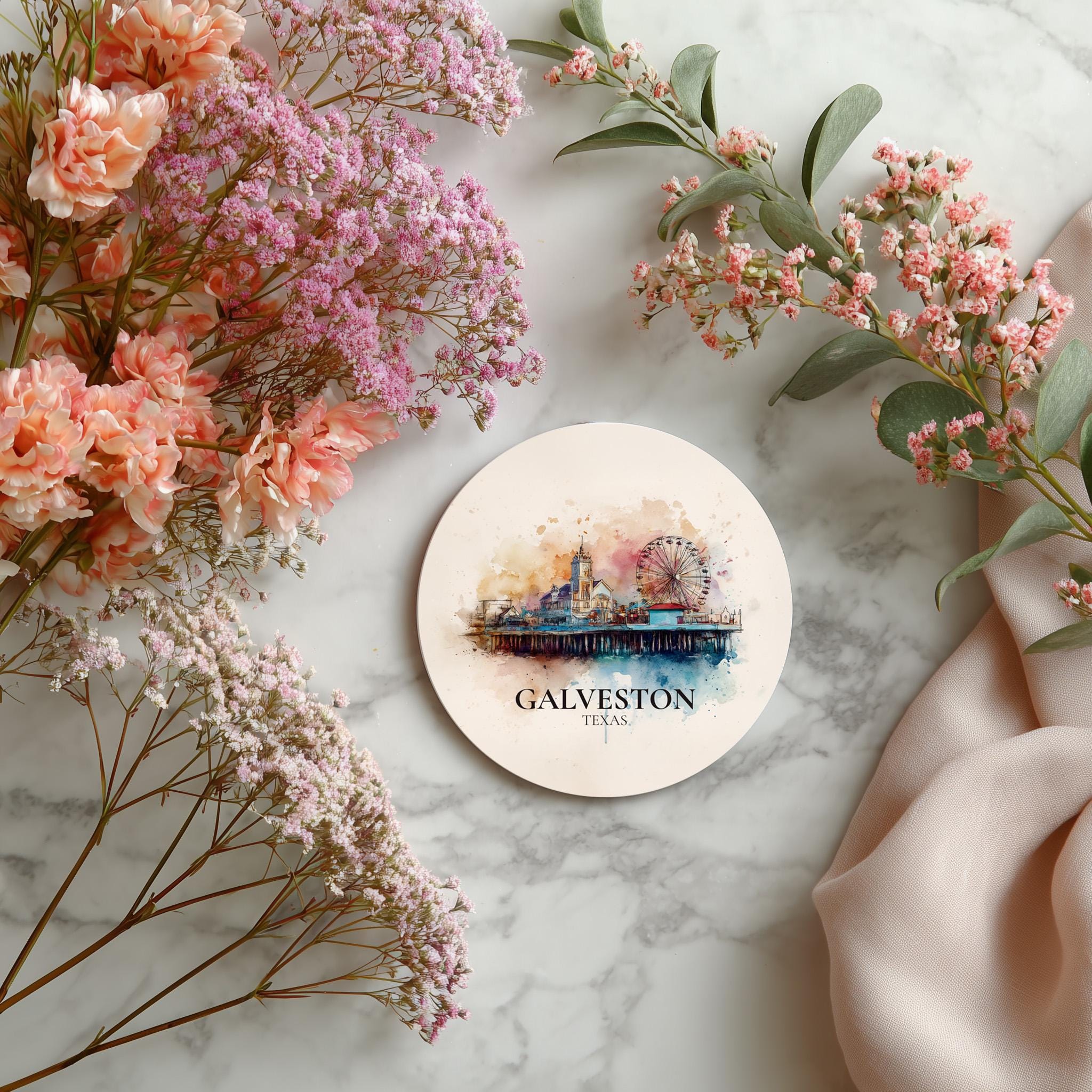 Galveston Texas Coaster, Watercolor Personalized Painting, Travel Gift Souvenir, Home Decor, Ceramic Set
